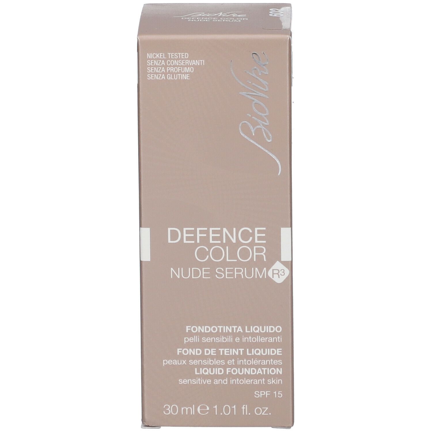 BioNike DEFENCE COLOR Nude Serum R3 Verpackung. Aufschrift: 30 ml, SPF 15. Flüssige Foundation für empfindliche Haut.