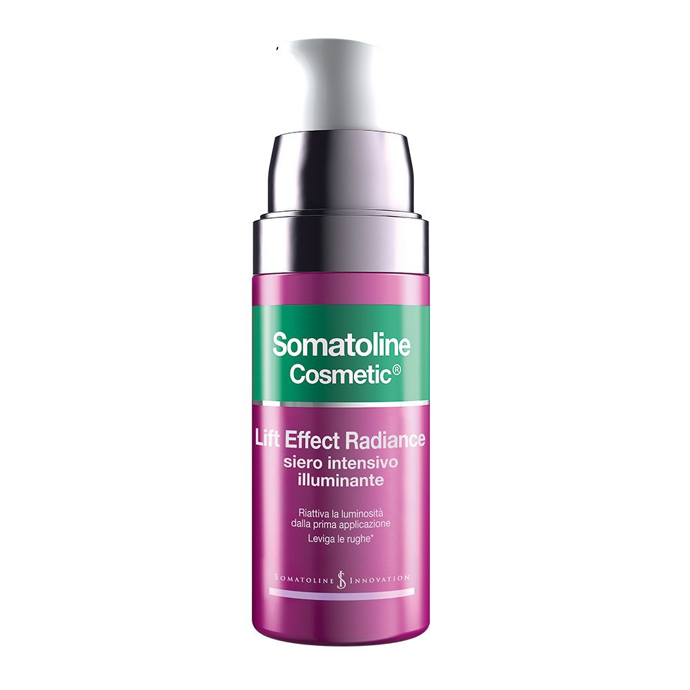 Somatoline Cosmetic Lift Effect Radiance. Flacon avec pompe, violet et vert. Texte: 'siero intensivo illuminante'.
