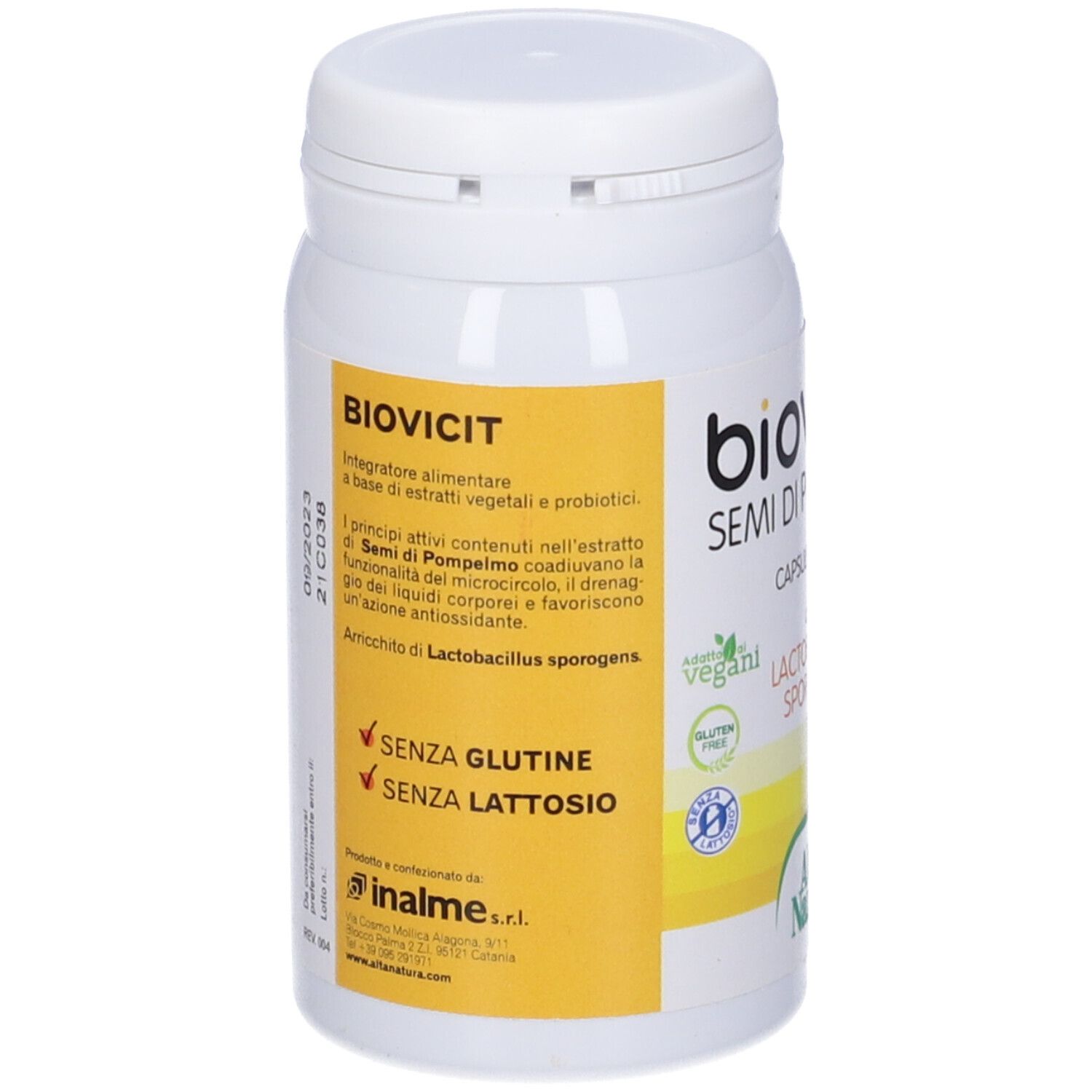 Dos du flacon de capsules. Inscription: biovicit, SEMI DI POMPELMO, CAPUSLE VEGETALI. Sans gluten et sans lactose.