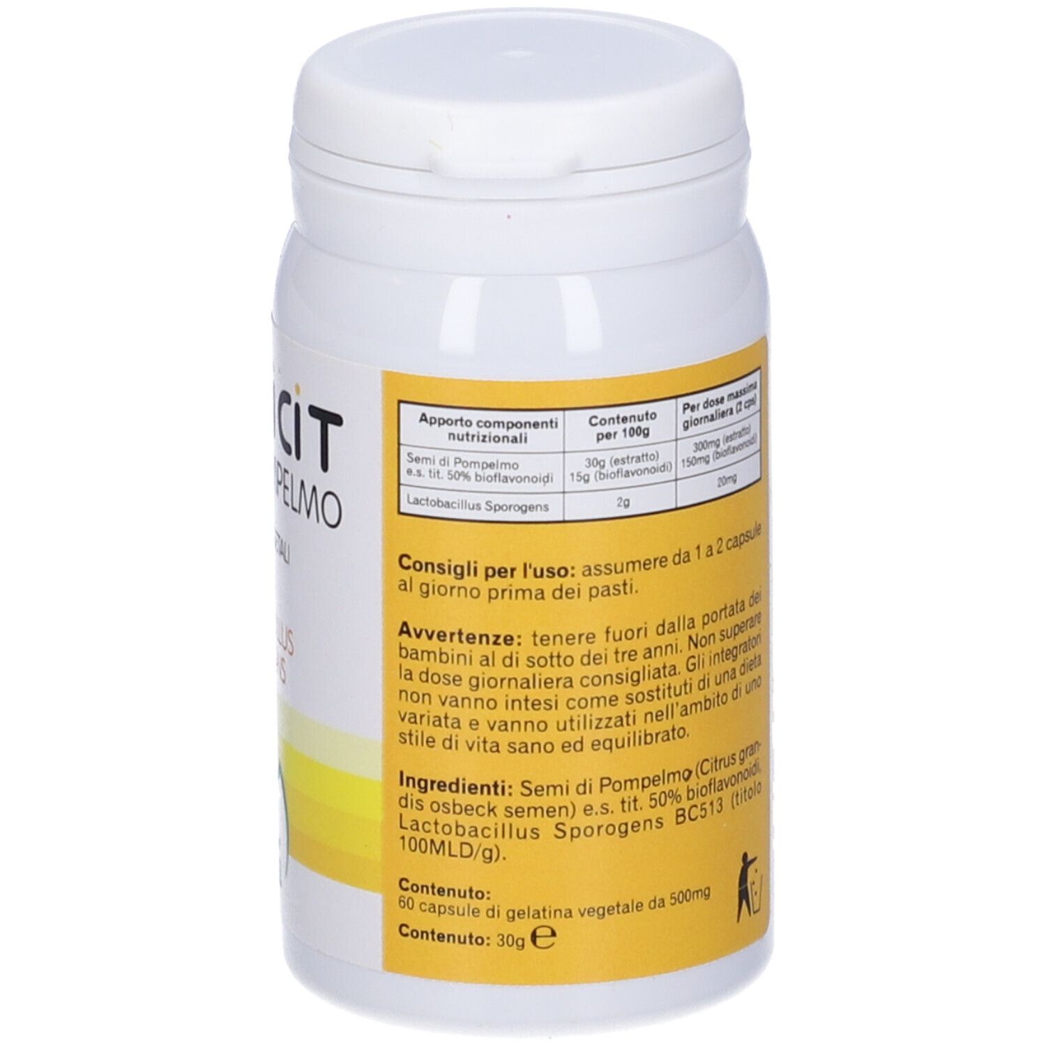 Dos du flacon de capsules. Inscription: valeurs nutritionnelles, ingrédients, conseils d'utilisation. Contenu: 60 capsules.