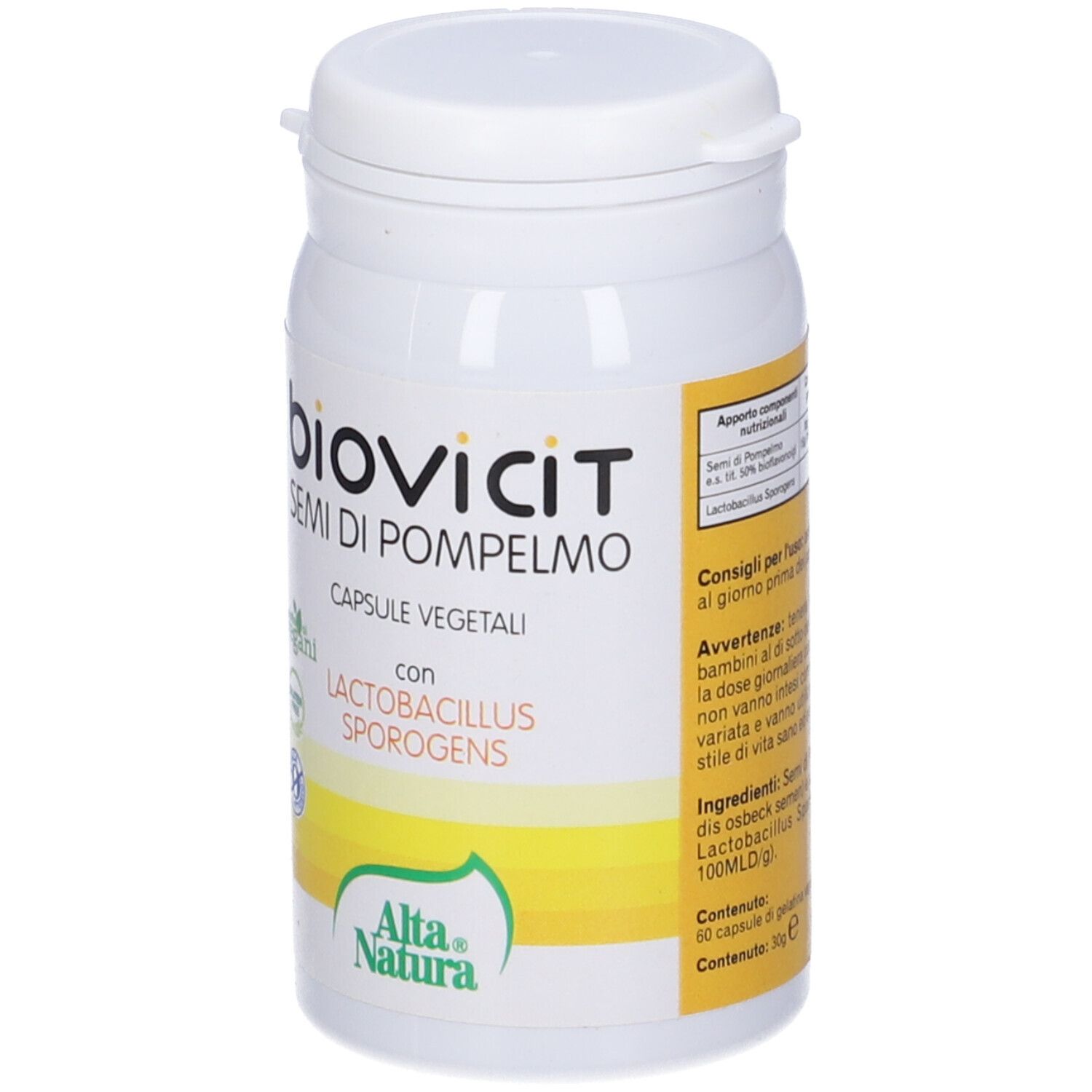 Flacon blanc de capsules. Inscription: biovicit SEMI DI POMPELMO, CAPUSLE VEGETALI. Logo Alta Natura. 60 capsules.
