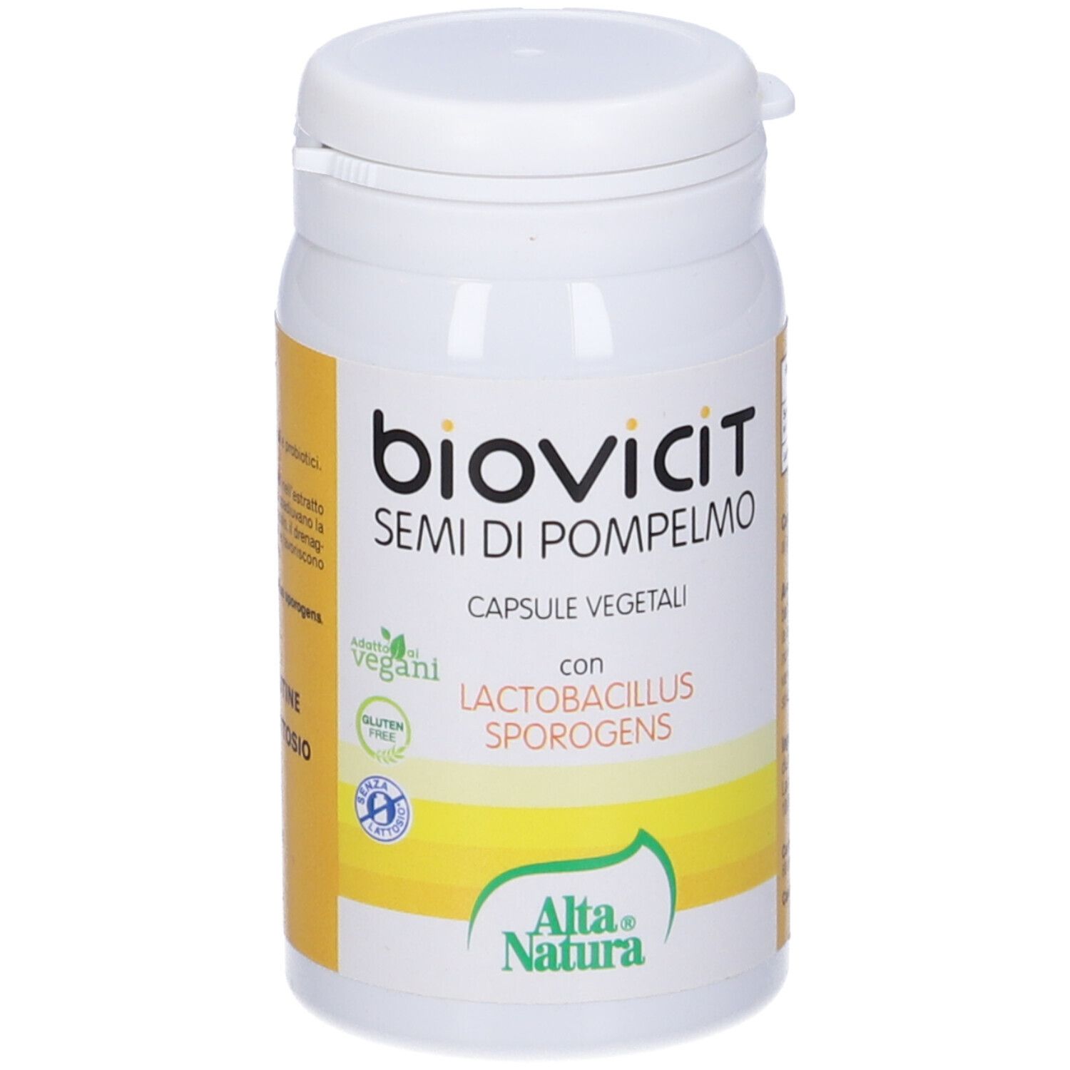 Flacon blanc de capsules. Inscription: biovicit SEMI DI POMPELMO, CAPUSLE VEGETALI. Labels vegan et sans gluten. Logo Alta Natura.