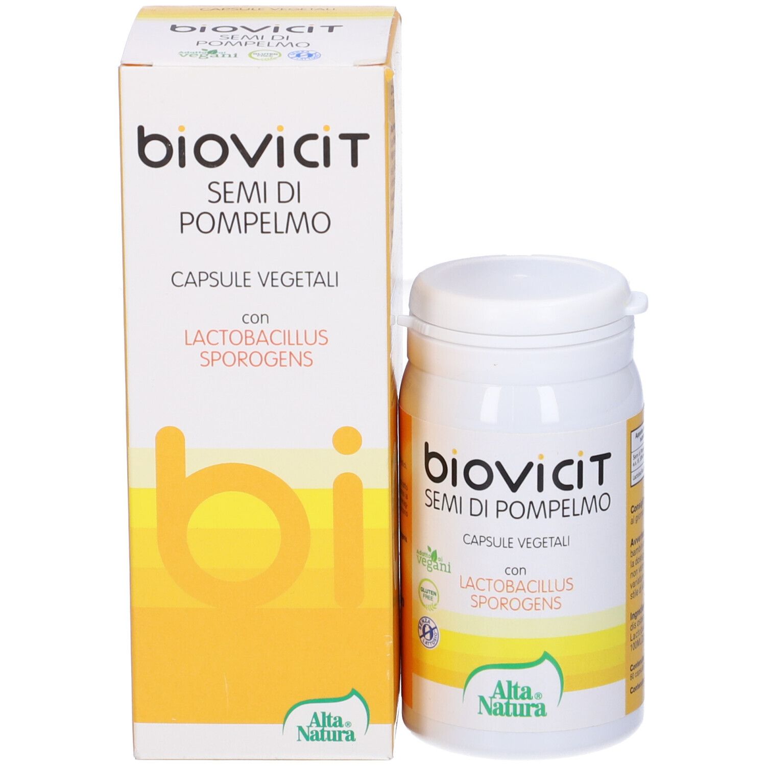 Emballage et flacon. Inscription: biovicit SEMI DI POMPELMO, CAPUSLE VEGETALI. Logo Alta Natura. 60 capsules.