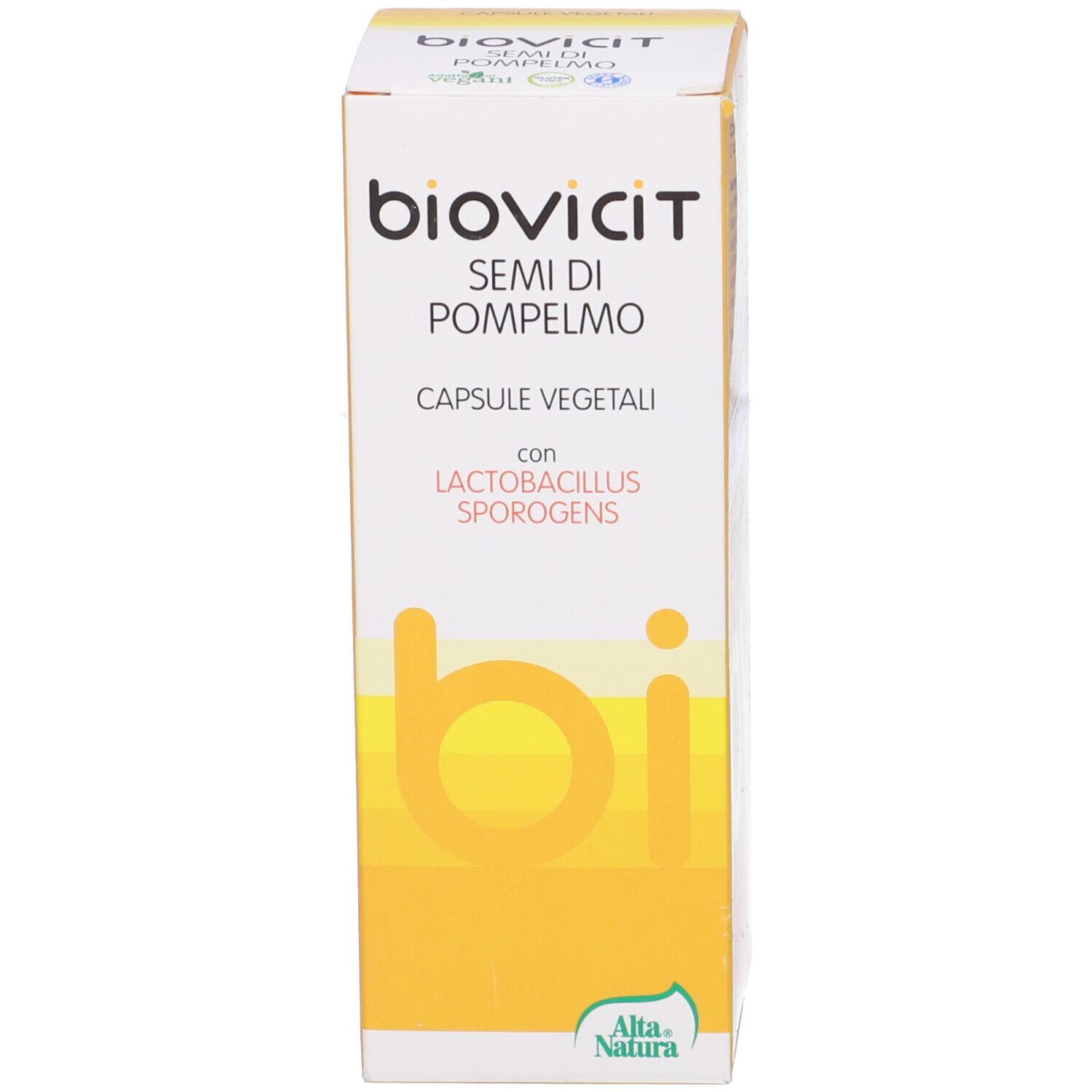 Emballage du produit. Inscription: biovicit SEMI DI POMPELMO, CAPUSLE VEGETALI. Logo Alta Natura. 60 capsules.