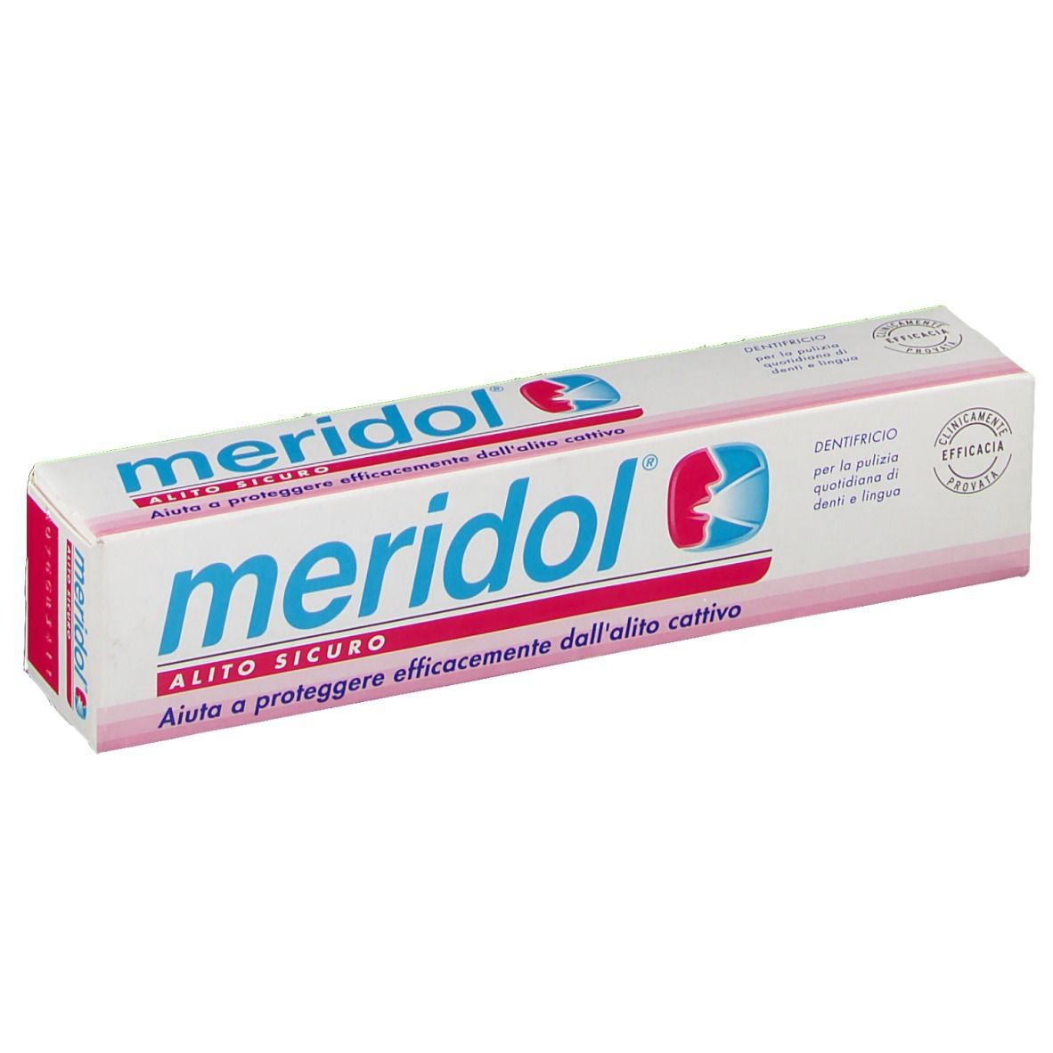 Emballage de dentifrice 'meridol'. Boîte blanche et bleue avec accent rouge. Texte en italien.