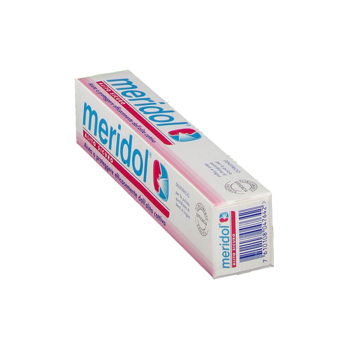Emballage de dentifrice 'meridol'. Vue en biais de la boîte blanche avec logo bleu et rouge. Texte en italien.