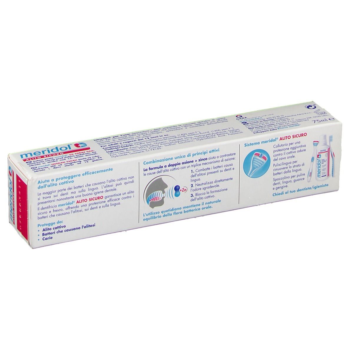 Dos de l'emballage du dentifrice 'meridol'. Texte et illustrations en italien. Contient des informations sur le produit.