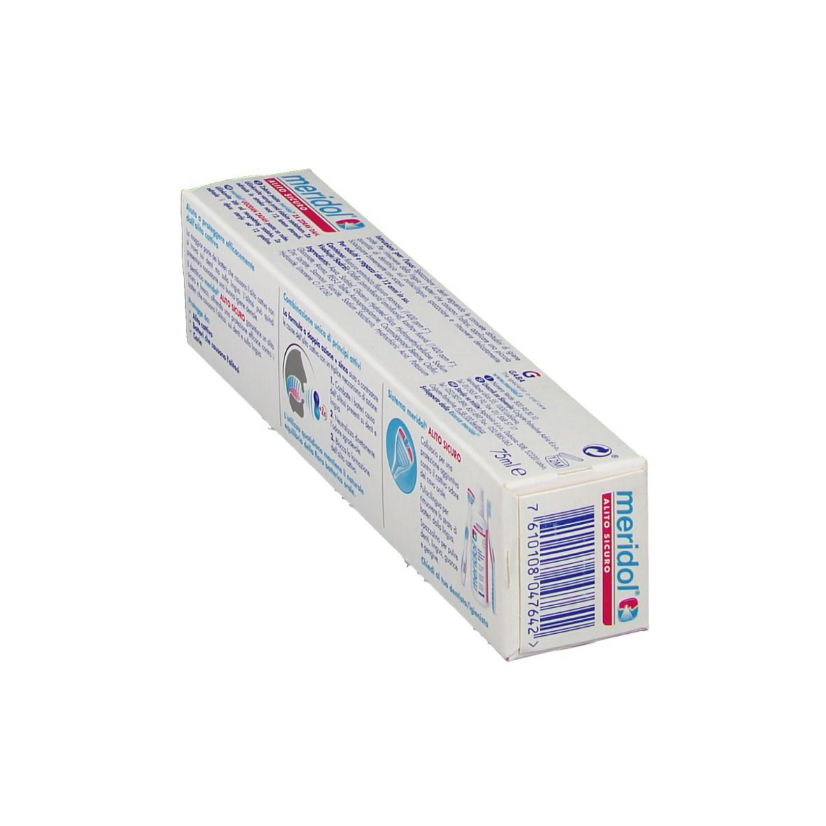 Vue en biais du dos de l'emballage du dentifrice 'meridol'. Texte et code-barres. Texte en italien.