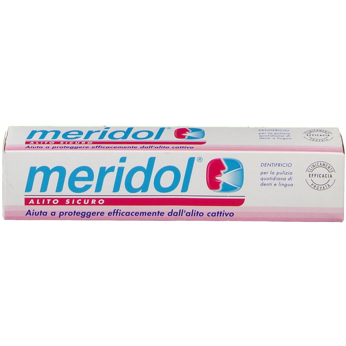 Emballage de dentifrice 'meridol'. Boîte blanche avec logo bleu et rouge. Texte en italien. 'Clinicamente efficacia'.