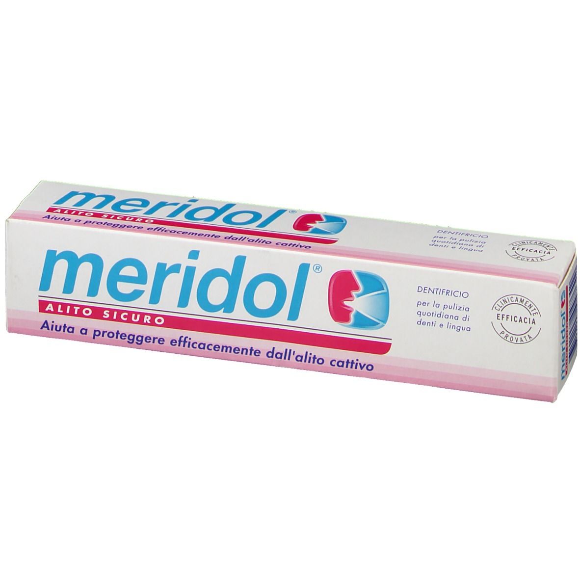 Emballage de dentifrice 'meridol'. Boîte blanche avec logo bleu et rouge. Texte en italien. 'Clinicamente provata'.