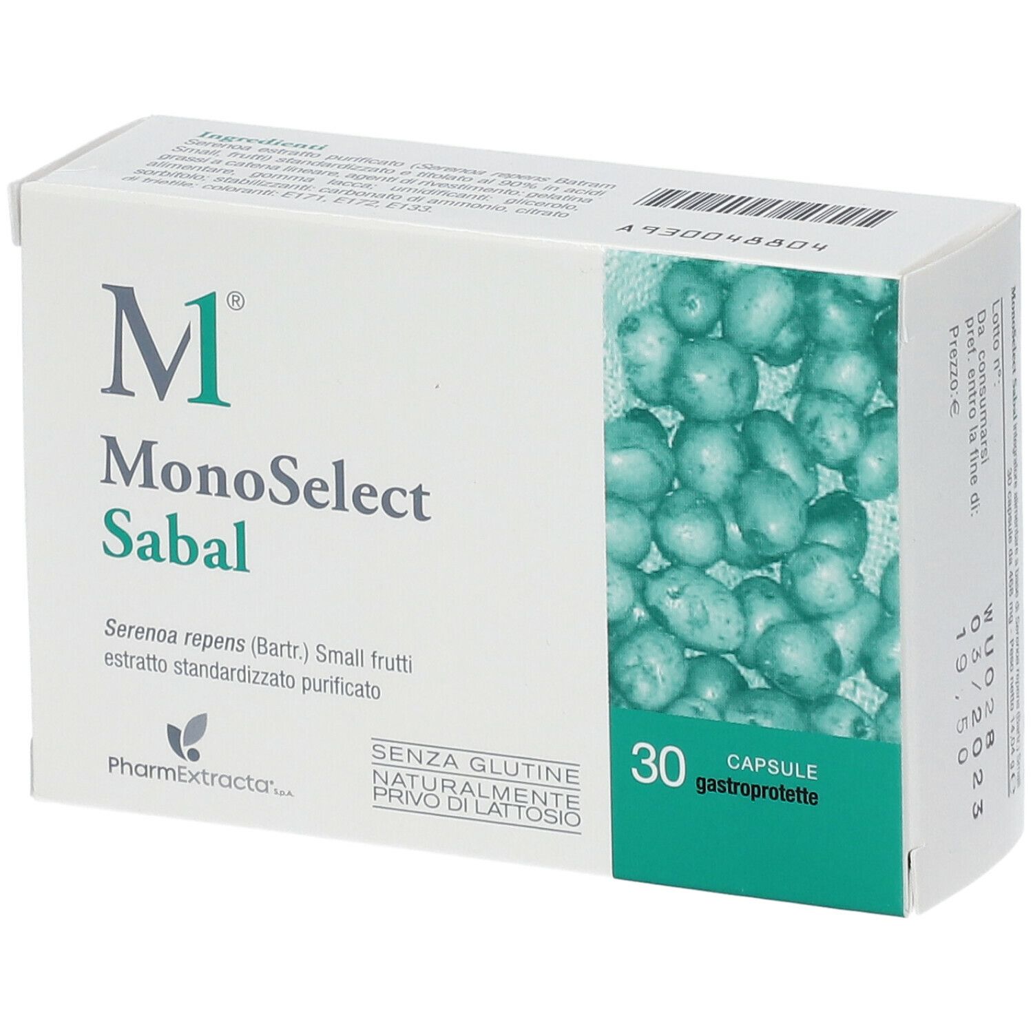 Boîte de Monoselect Sabal. Inscription : 30 gélules, sans gluten, sans lactose.