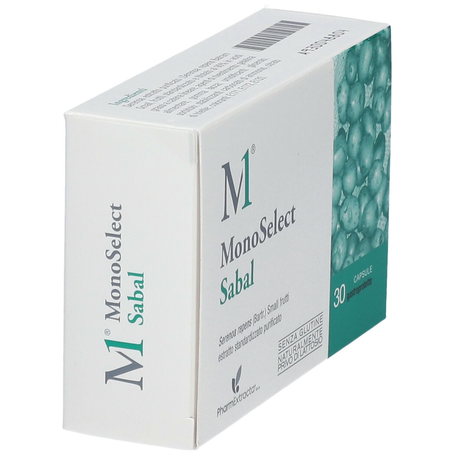 Vue oblique de la boîte de gélules Monoselect Sabal. Inscription : 30 gélules, sans gluten, sans lactose.