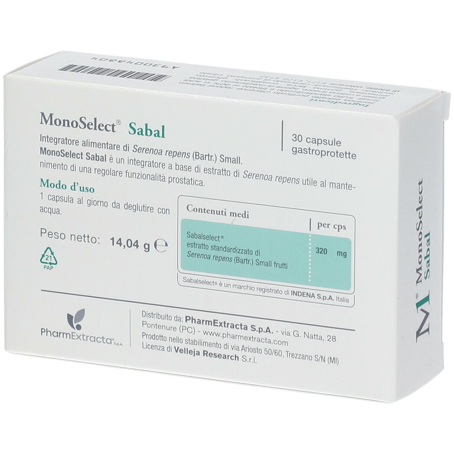 Dos de la boîte de gélules Monoselect Sabal. Informations sur les ingrédients et l'utilisation.