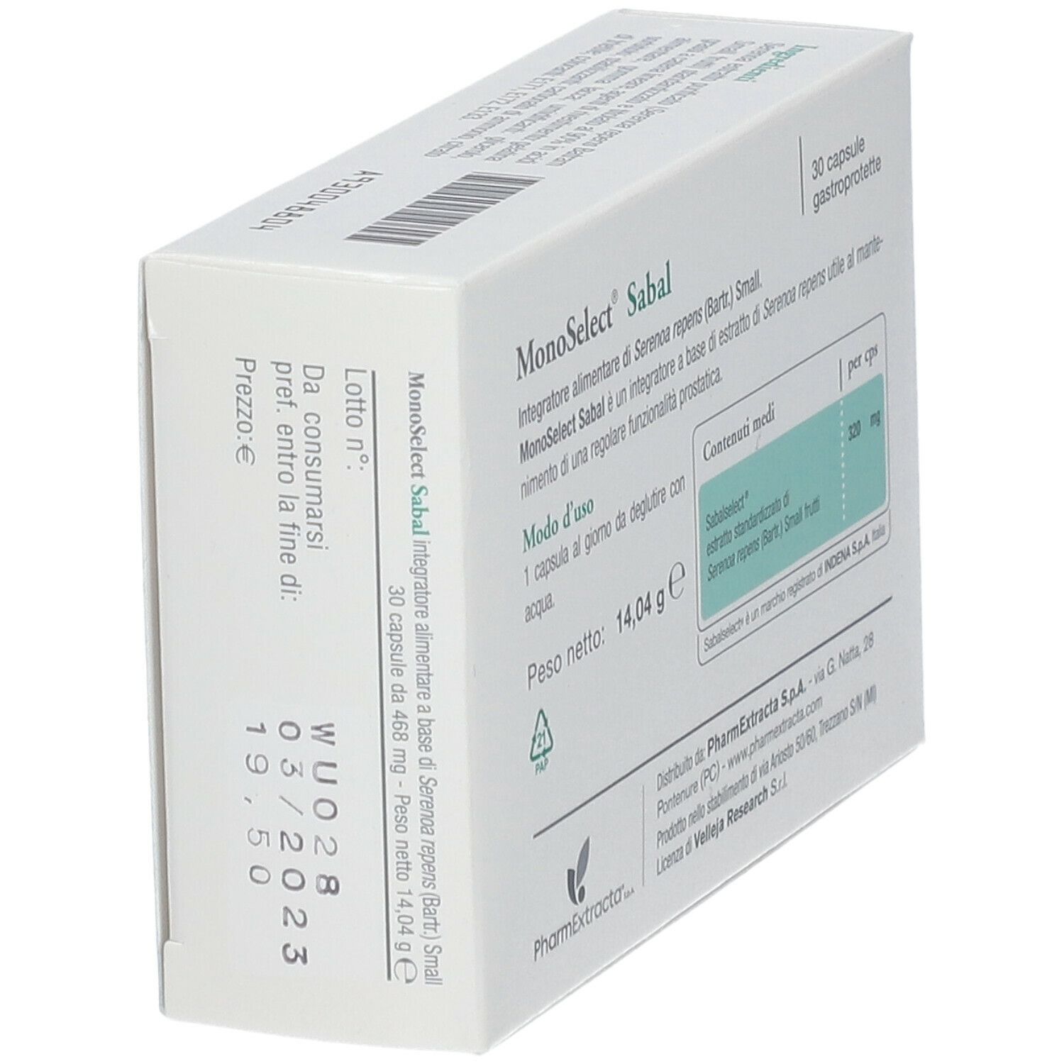 Vue oblique du dos de la boîte de gélules Monoselect Sabal. Ingrédients et utilisation.