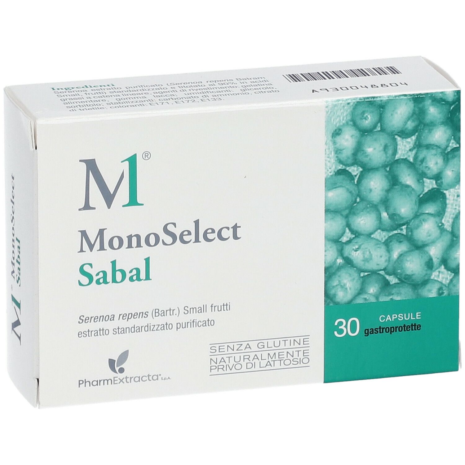 Boîte de gélules Monoselect Sabal. Inscription : 30 gélules, sans gluten, sans lactose.