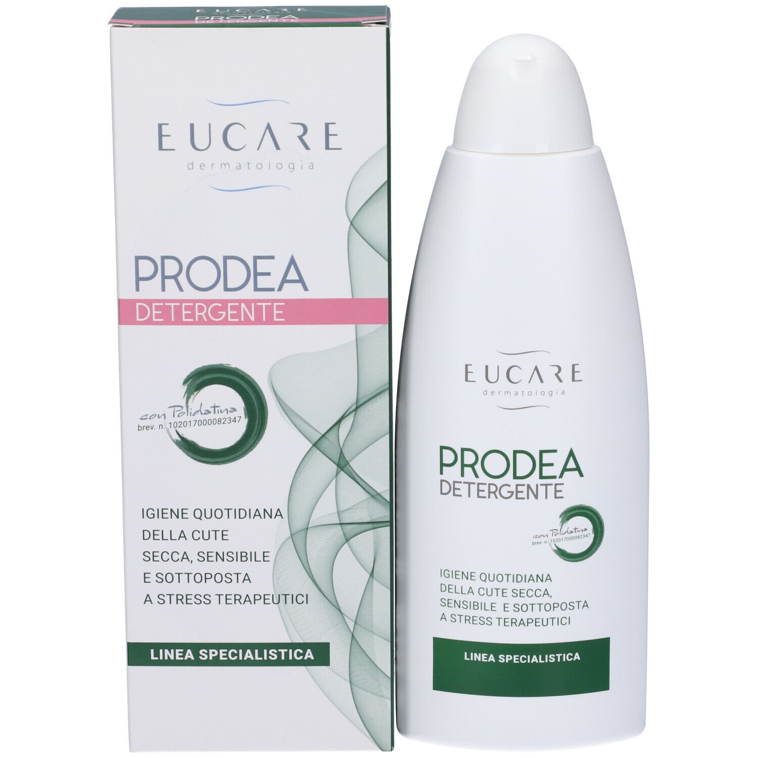 Produktverpackung und Flasche. Verpackung: weiß mit rosa und grünen Akzenten. Flasche: weiß mit grünem Etikett. Text in italienischer Sprache.