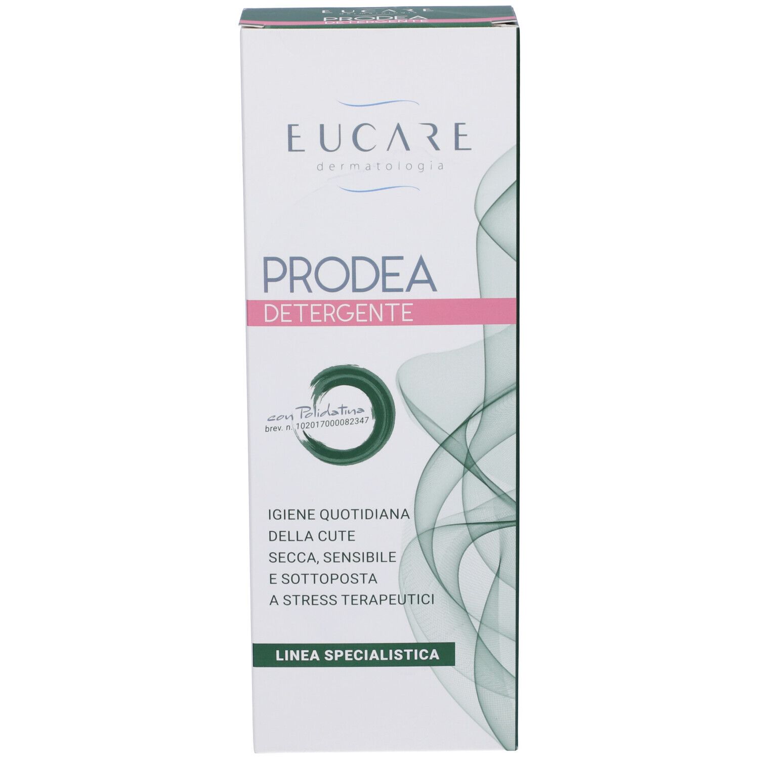 Produktverpackung. Weiß mit rosa und grünen Akzenten. Text in italienischer Sprache. Marke: Eucare.