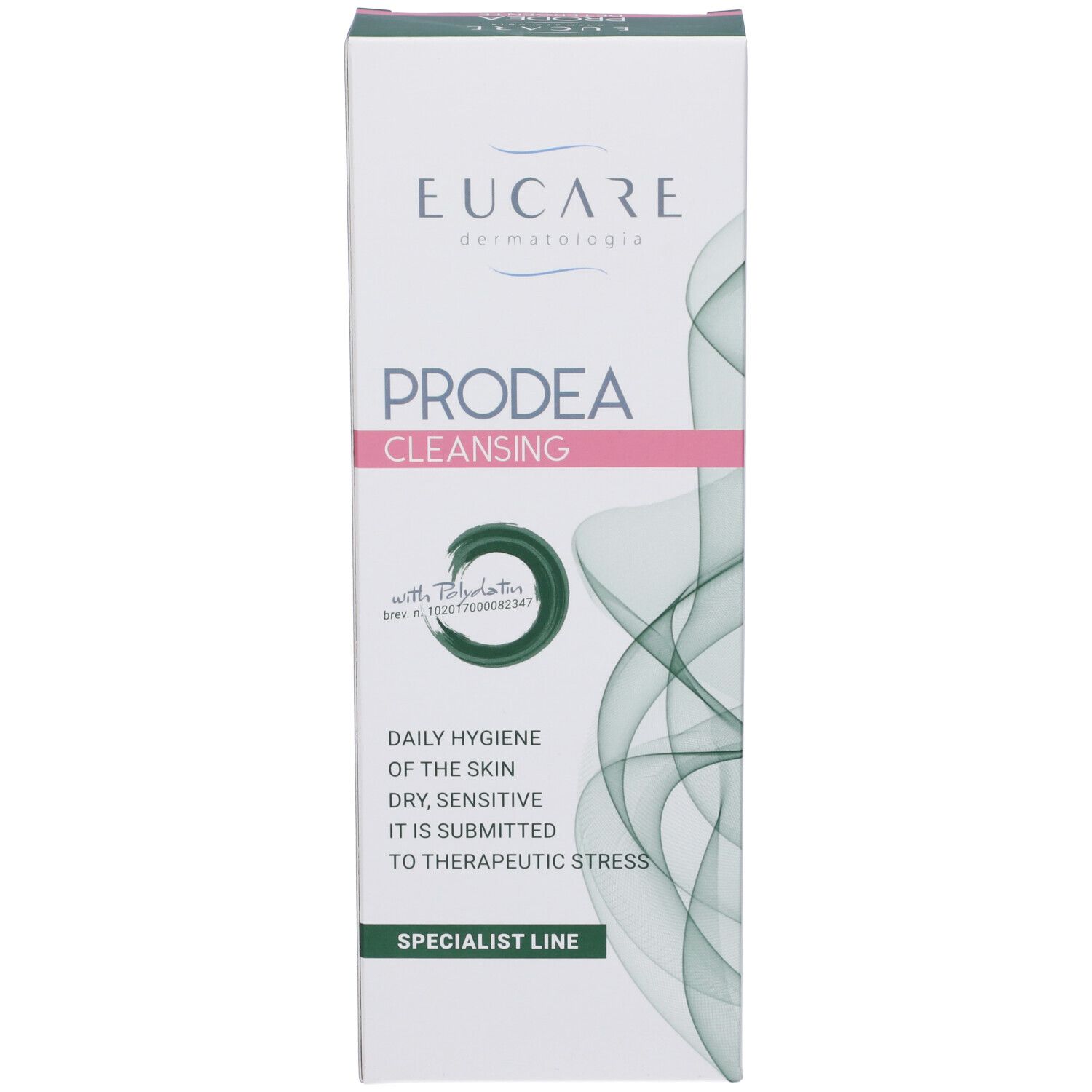 Produktverpackung. Vorderseite mit Text in italienischer Sprache. Marke: Eucare. Produktname: Prodea Cleansing.