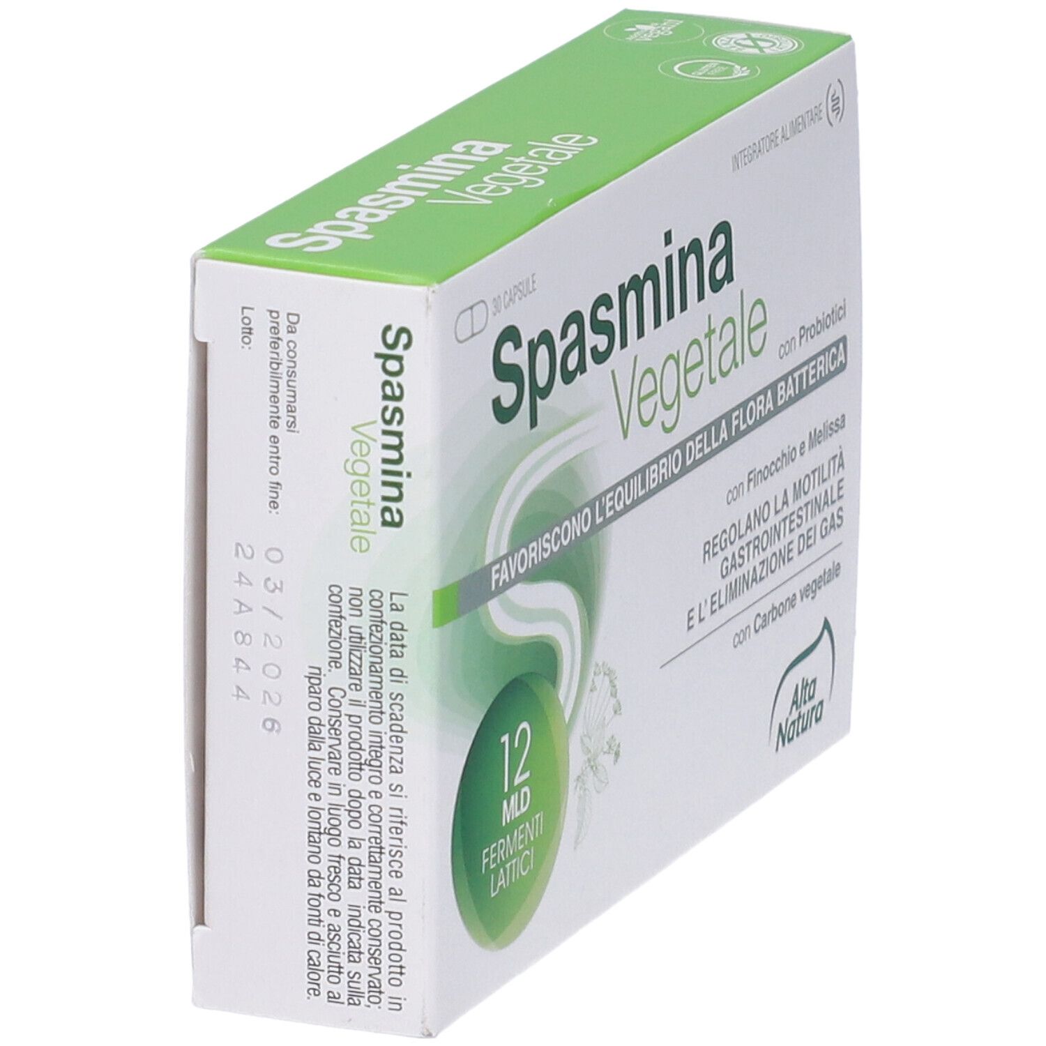 Schachtel mit Spasmina Vegetale Kapseln. Aufschrift: 30 Kapseln, 12 MLD Fermenti Lattici, Alta Natura. Ansicht von oben.