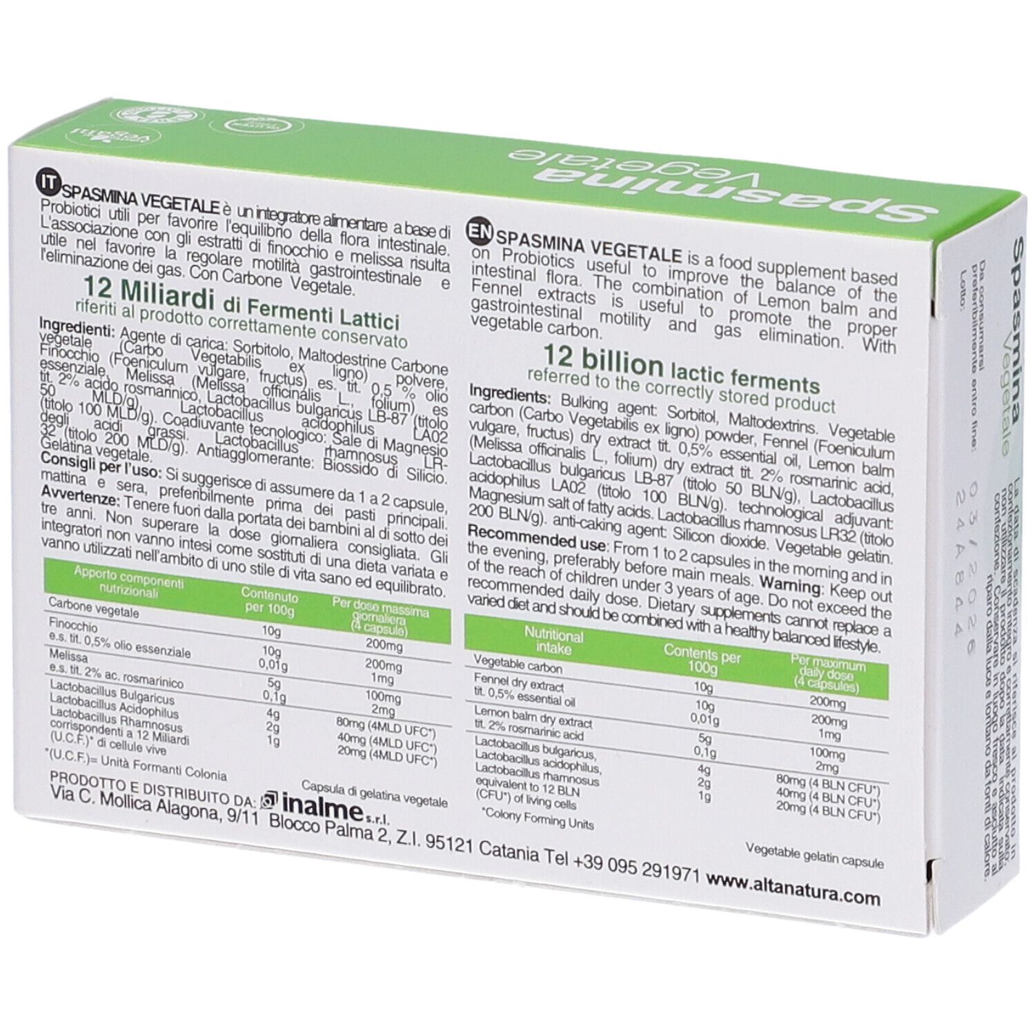 Rückseite der Spasmina Vegetale Kapsel-Schachtel. Enthält Informationen zu Inhaltsstoffen und Nährwerten.