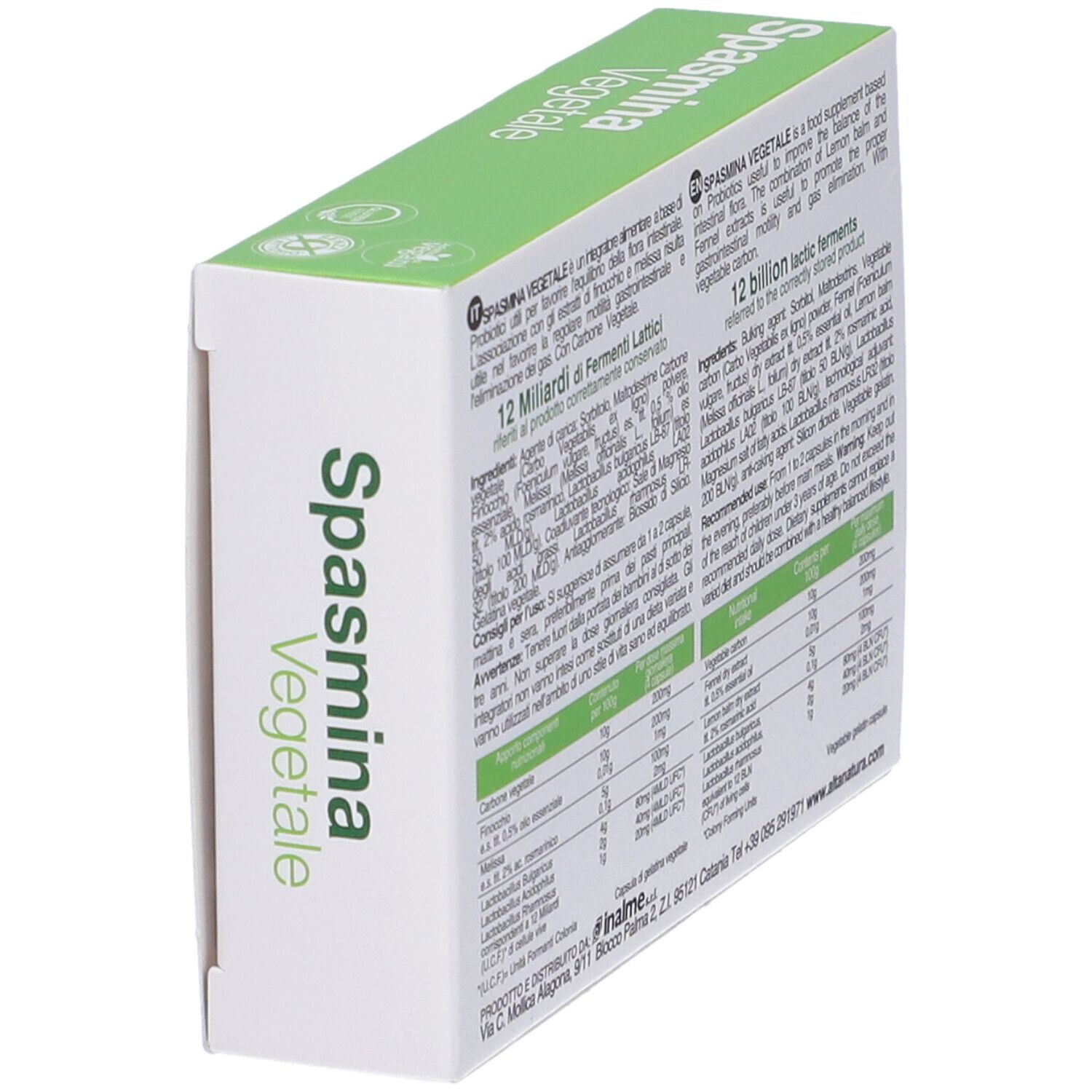 Schachtel mit Spasmina Vegetale Kapseln. Aufschrift: 30 Kapseln, 12 MLD Fermenti Lattici, Alta Natura. Ansicht von der Seite.