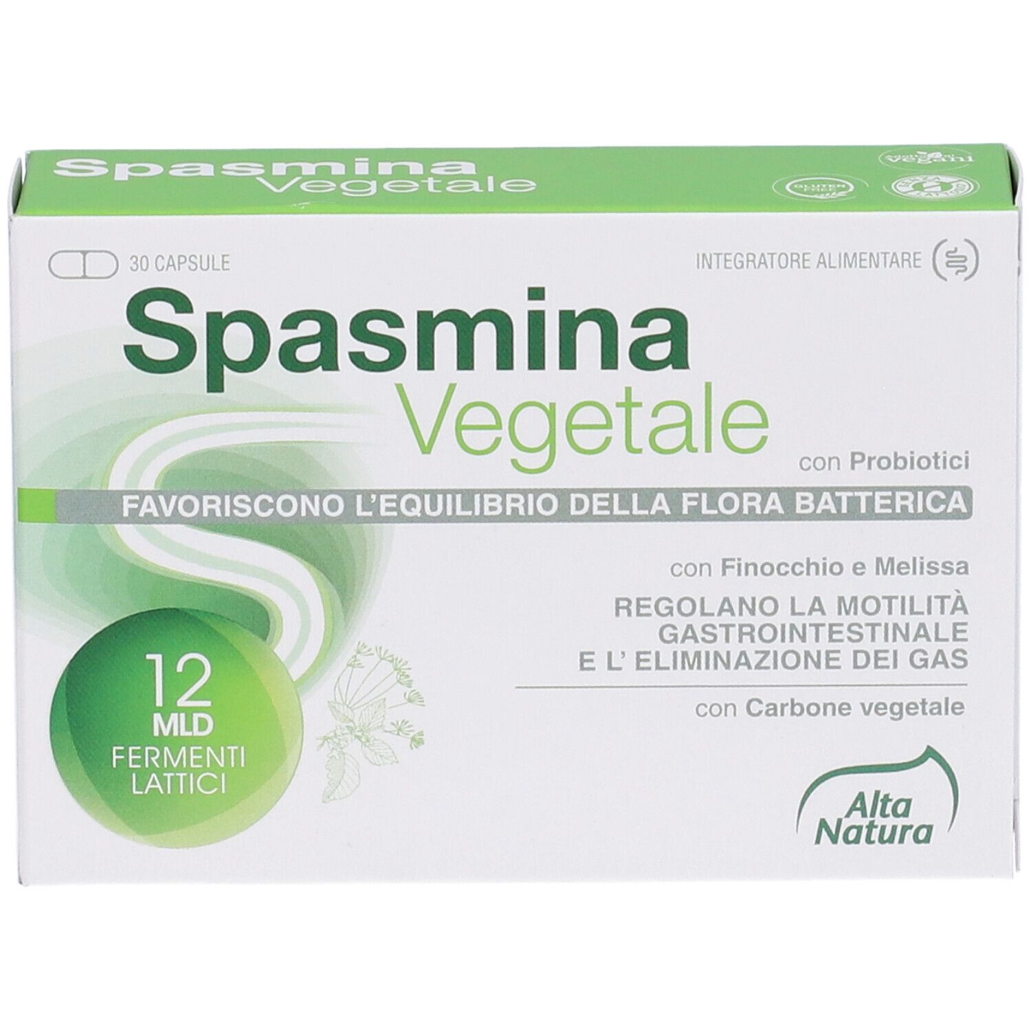 Schachtel mit Spasmina Vegetale Kapseln. Aufschrift: 30 Kapseln, 12 MLD Fermenti Lattici, Alta Natura.