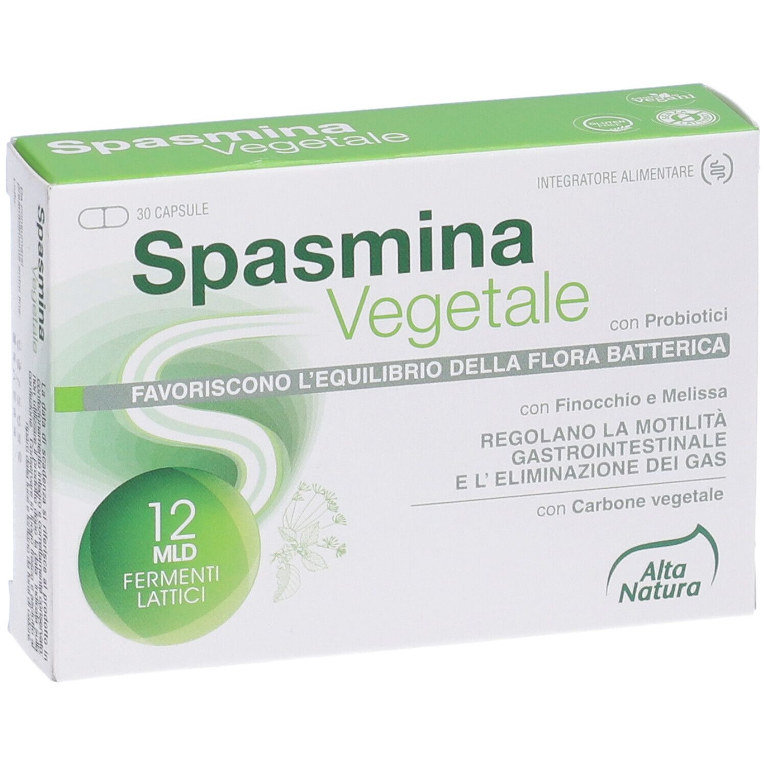 Schachtel mit Spasmina Vegetale Kapseln. Aufschrift: 30 Kapseln, 12 MLD Fermenti Lattici, Alta Natura.