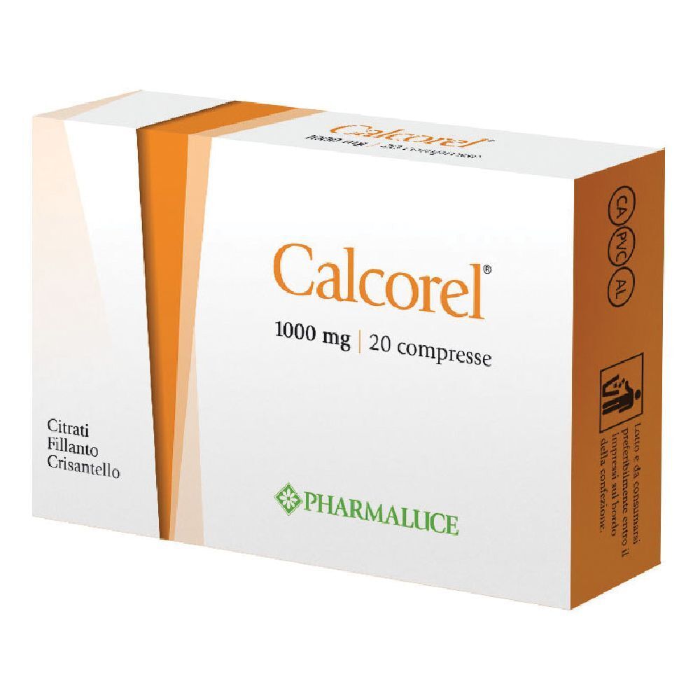 Weiße Schachtel mit orangefarbenen Akzenten. Aufschrift: Calcorel 1000 mg, 20 compresse. Logo Pharmaluce.