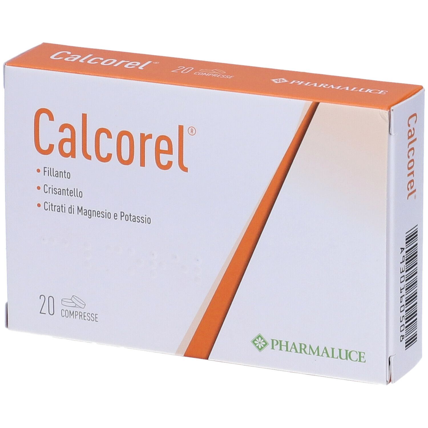 Weiße Schachtel mit orangefarbenen Akzenten. Aufschrift: Calcorel, 20 compresse. Logo Pharmaluce.