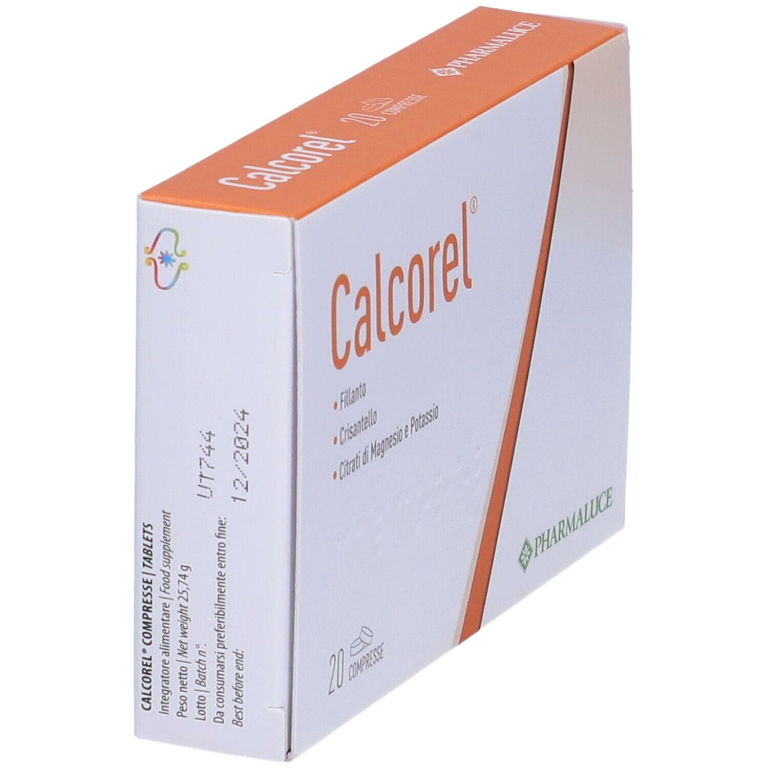 Schachtel mit orangefarbenen Akzenten. Aufschrift: Calcorel, 20 compresse. Logo Pharmaluce. MHD 12/2024.