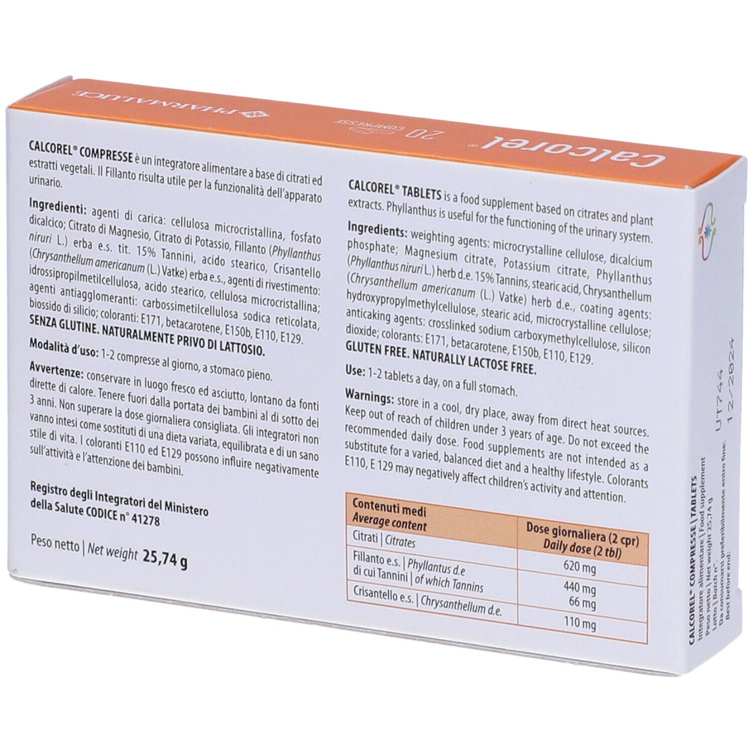 Rückseite einer Schachtel mit Text. Aufschrift: Calcorel Compresse, Inhaltsstoffe, Anwendungshinweise, Warnhinweise.