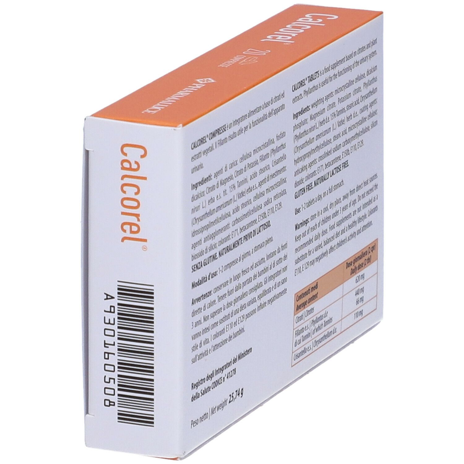 Schachtel mit orangefarbenen Akzenten. Aufschrift: Calcorel, 20 compresse. Logo Pharmaluce. Seitenansicht.