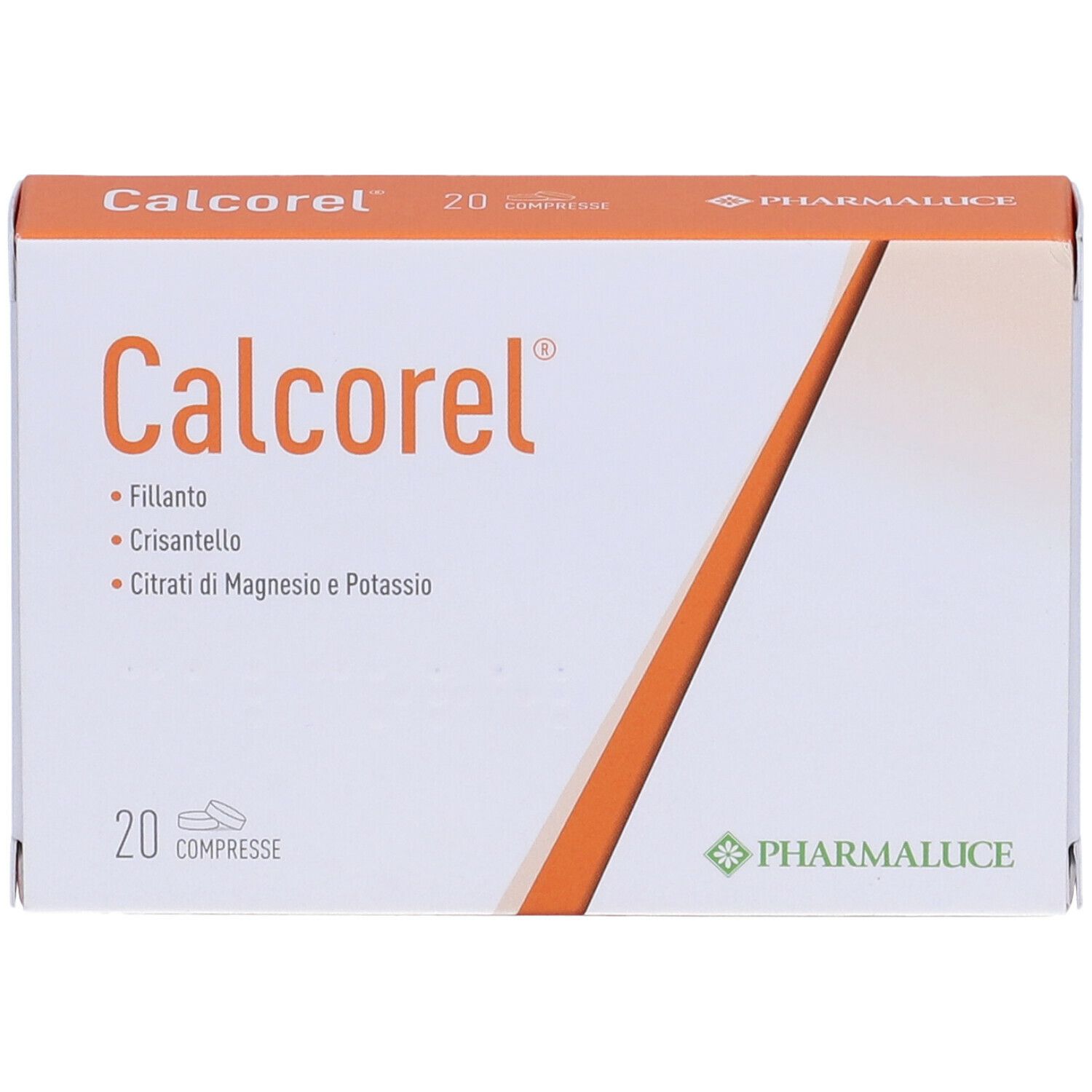 Weiße Schachtel mit orangefarbenen Akzenten. Aufschrift: Calcorel, 20 compresse. Logo Pharmaluce.