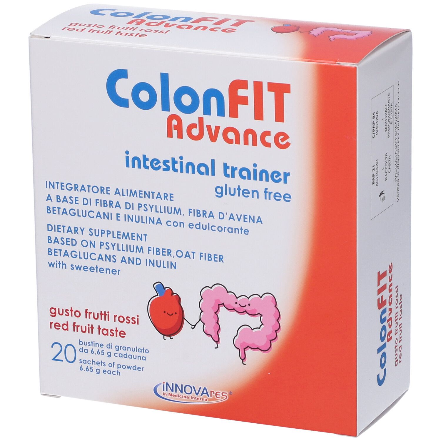 Schachtel mit ColonFit Advance. Aufschrift: intestinal trainer, glutenfrei. Geschmack: rote Früchte. 20 Beutel.