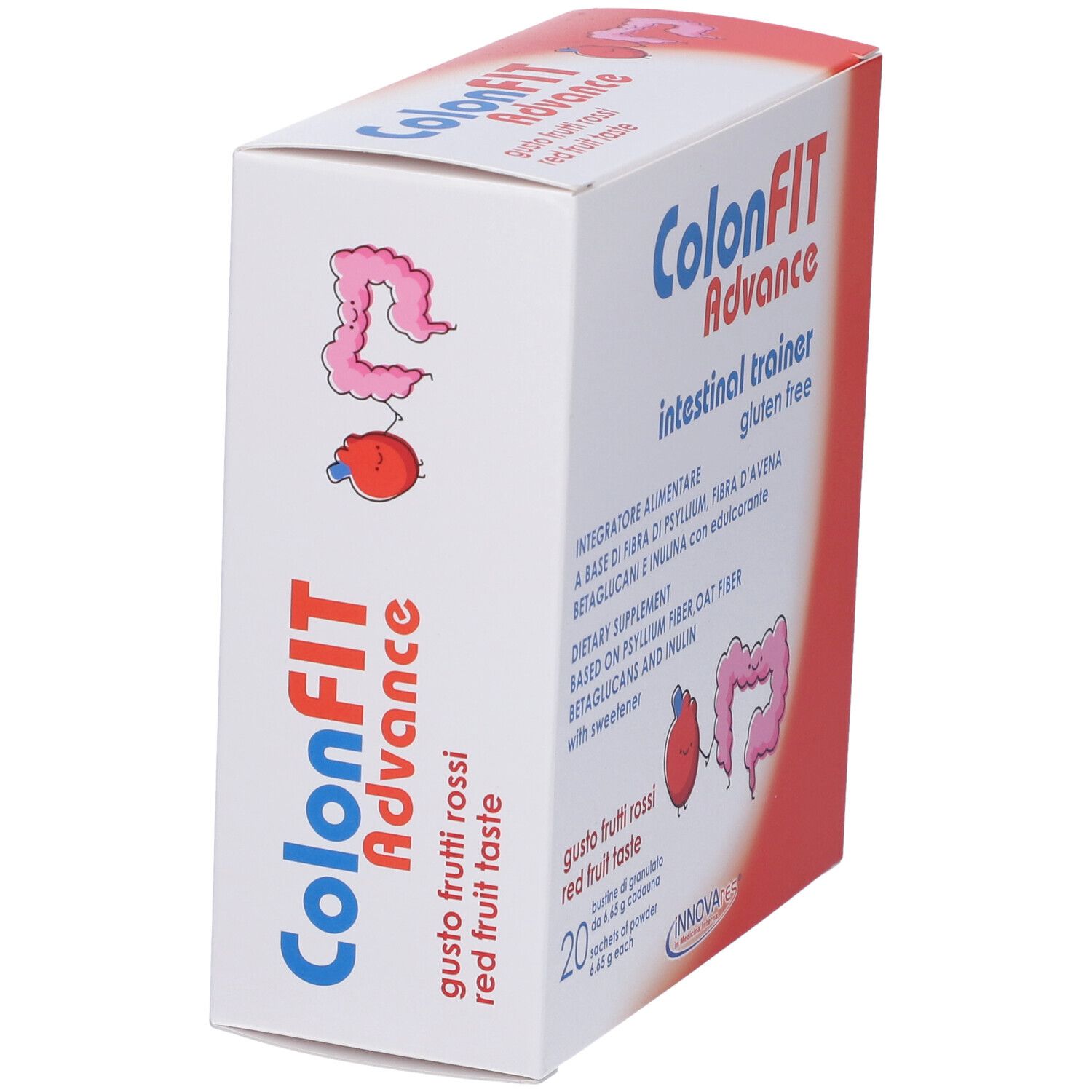 Schachtel ColonFit Advance, Ansicht von der Seite. Aufschrift: intestinal trainer, glutenfrei. Geschmack: rote Früchte. 20 Beutel.