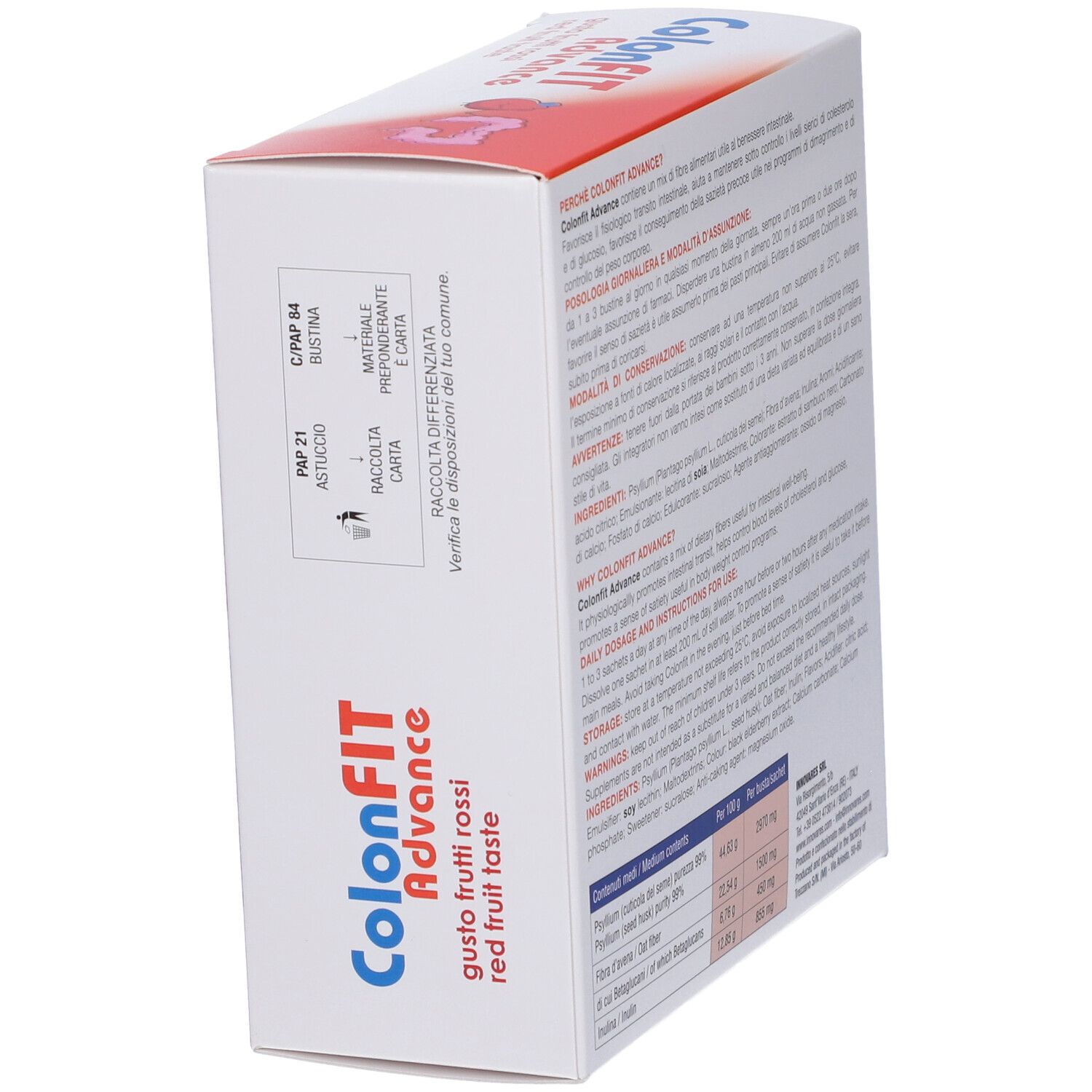 Schachtel ColonFit Advance, Ansicht von der Seite. Text in italienischer Sprache. Informationen zu Inhaltsstoffen und Anwendung.
