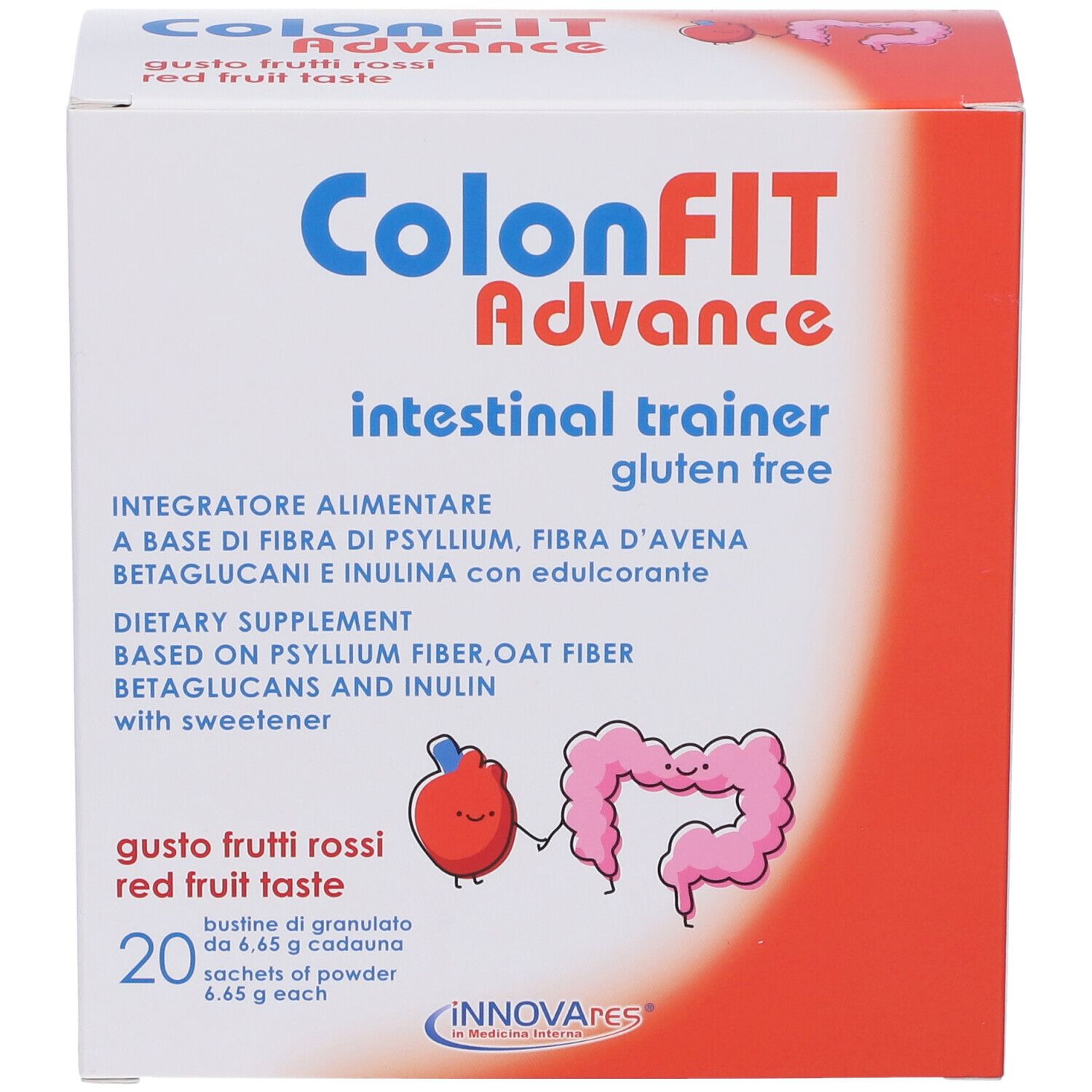 Schachtel mit ColonFit Advance. Aufschrift: intestinal trainer, glutenfrei. Geschmack: rote Früchte. 20 Beutel.