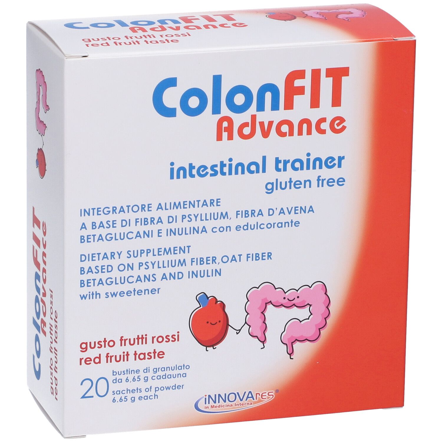 Schachtel mit ColonFit Advance. Aufschrift: intestinal trainer, glutenfrei. Geschmack: rote Früchte. 20 Beutel.