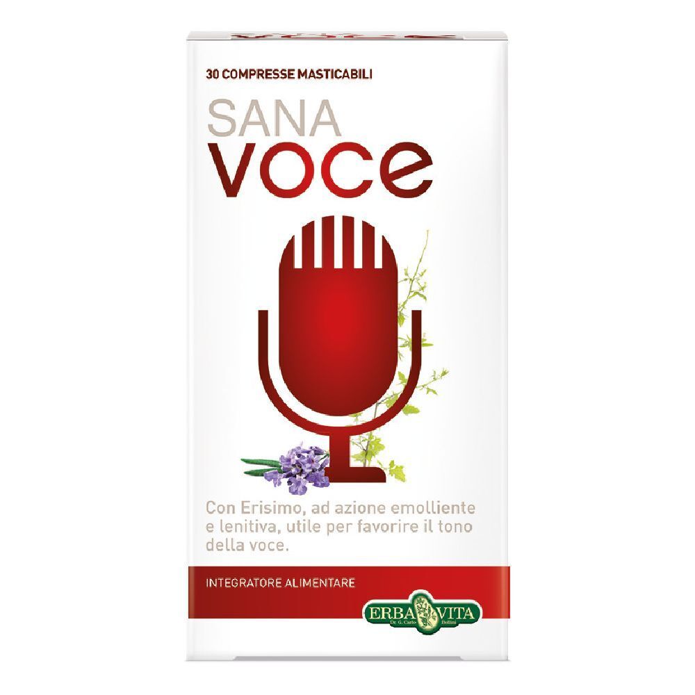 Weiße Schachtel mit rotem Mikrofon-Symbol und Produktnamen. Enthält 30 Tabletten. Marke: Erba Vita.