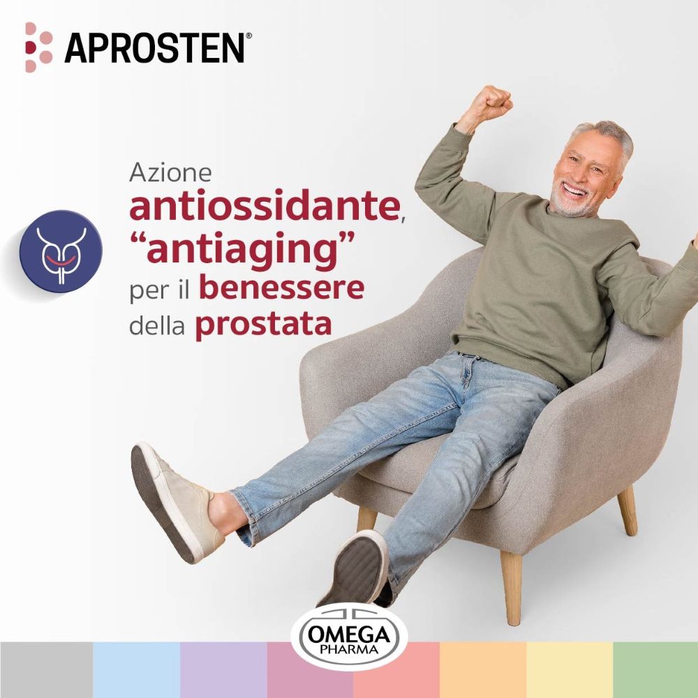 Älterer Mann sitzt in einem Sessel. Text: Azione antiossidante, antiaging per il benessere della prostata. Logo Omega Pharma.