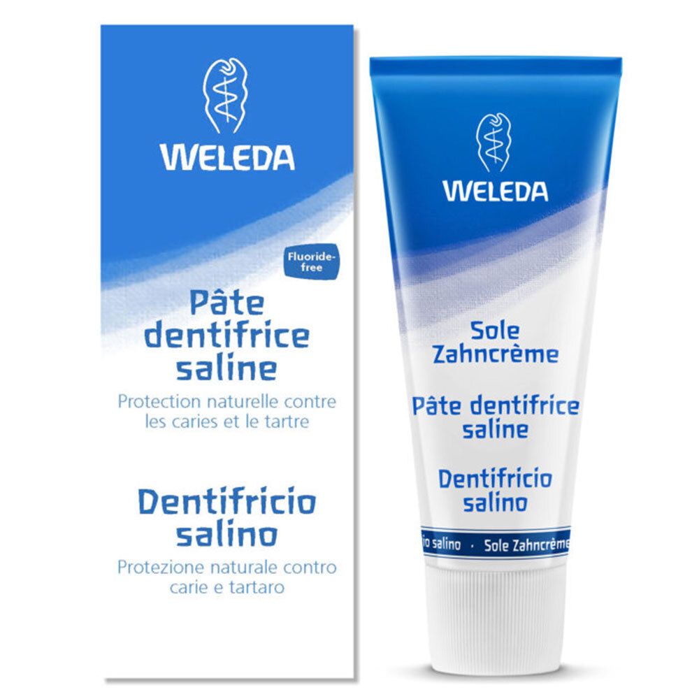 Tube et boîte de dentifrice. Tube bleu avec bouchon blanc. Inscriptions: WELEDA, Pâte dentifrice saline, Dentifricio salino.