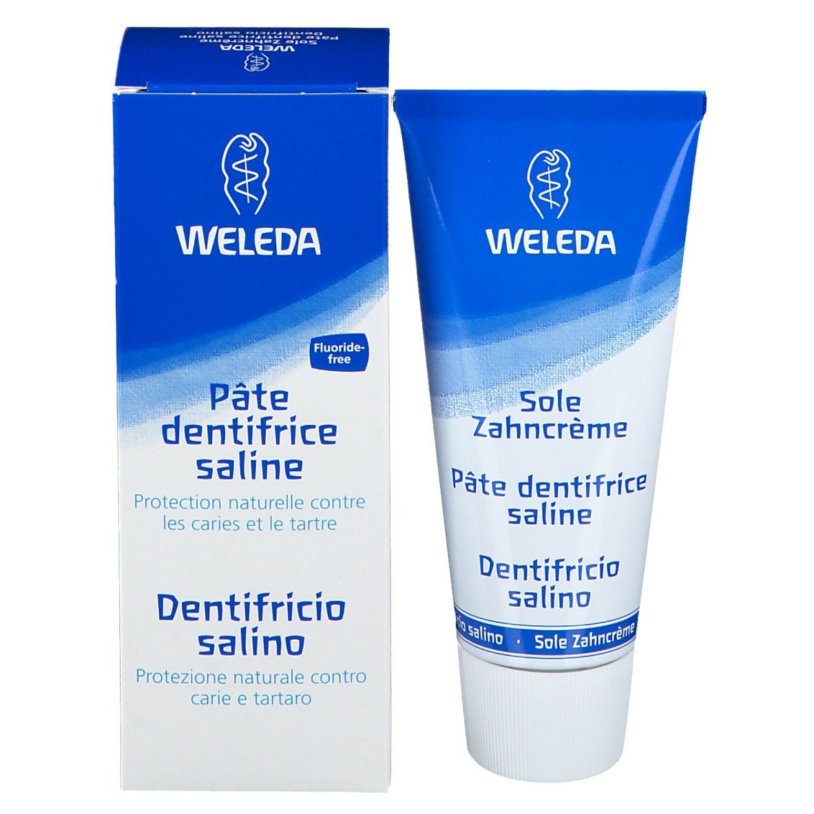 Tube et boîte de dentifrice. Tube bleu avec bouchon blanc. Inscriptions: WELEDA, Pâte dentifrice saline, Dentifricio salino.