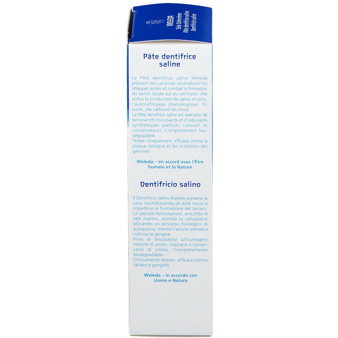 Dos de la boîte de dentifrice. Boîte bleue avec texte blanc. Texte en plusieurs langues.