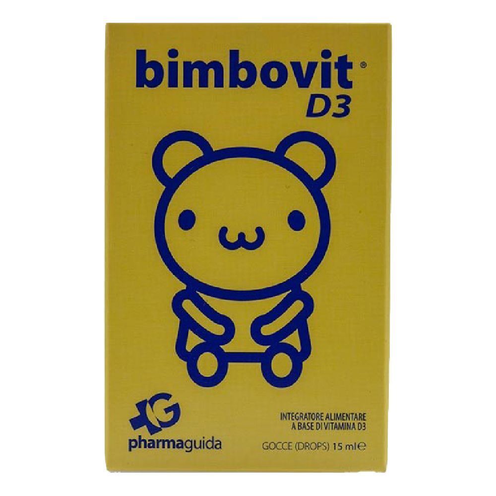 Gelbe Schachtel mit "bimbovit D3"-Logo und blauem Bären-Design. Text: "Integratore alimentare a base di vitamina D3".