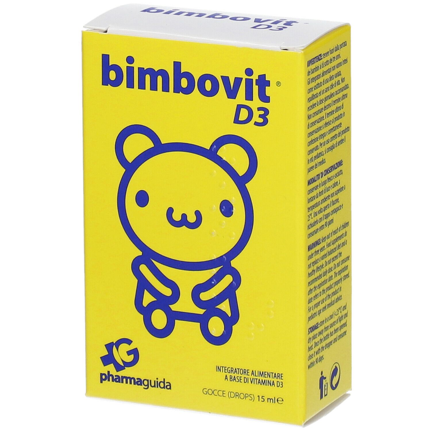 Gelbe Schachtel "bimbovit D3" mit Bären-Design. Aufdrucke: "Integratore alimentare a base di vitamina D3", "Gocce (drops) 15 ml".