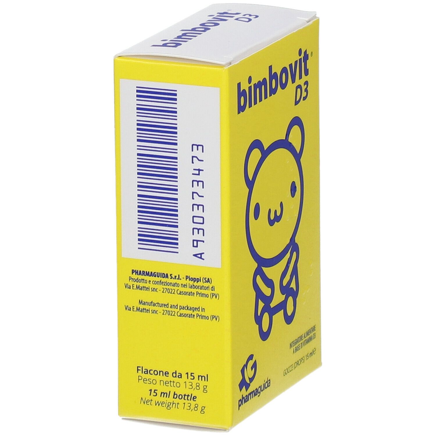 Gelbe Schachtel "bimbovit D3" mit Bären-Design. Aufdrucke: "Integratore alimentare a base di vitamina D3", "Gocce (drops) 15 ml".