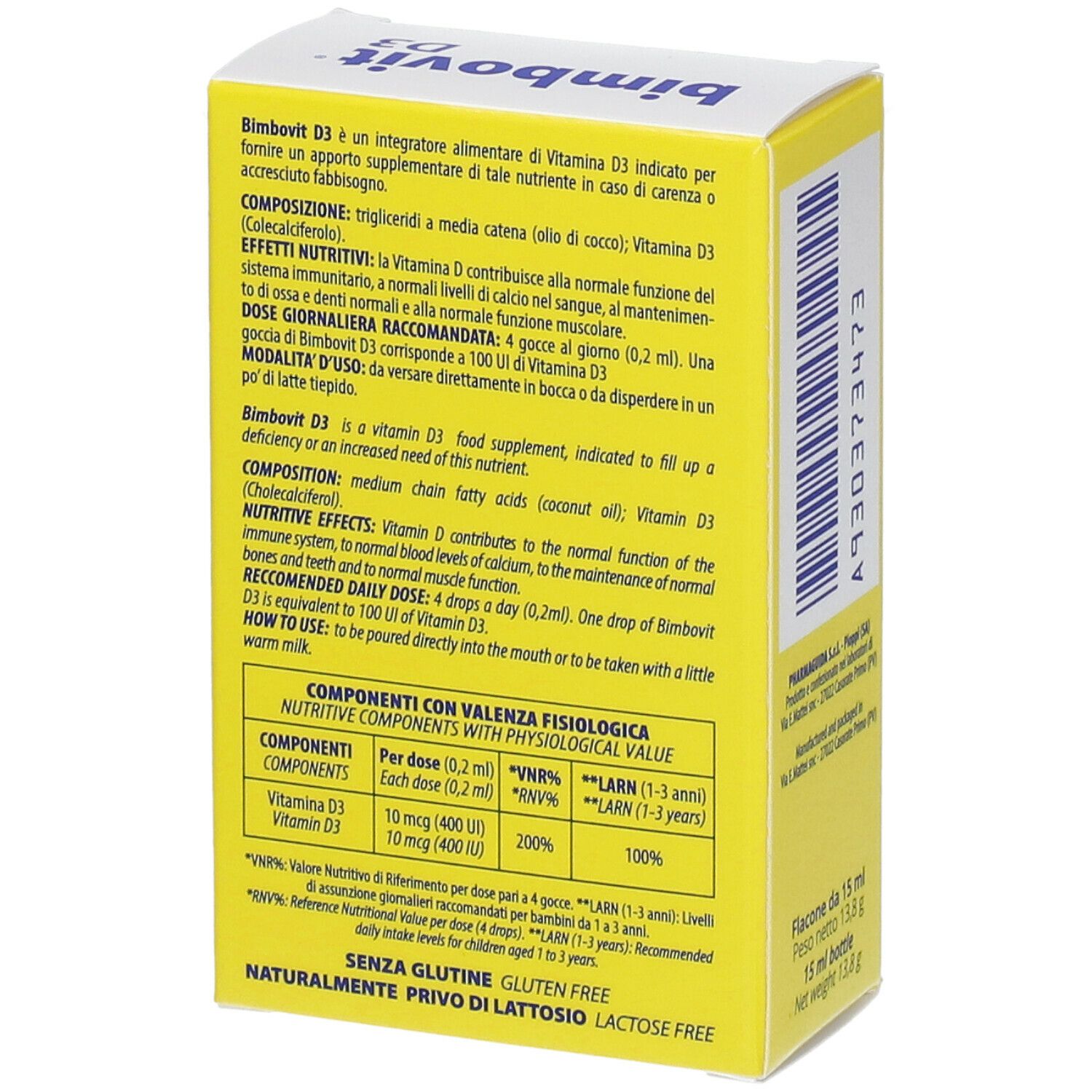Gelbe Schachtel "bimbovit D3" mit Bären-Design. Aufdrucke: "Integratore alimentare a base di vitamina D3", "Gocce (drops) 15 ml".