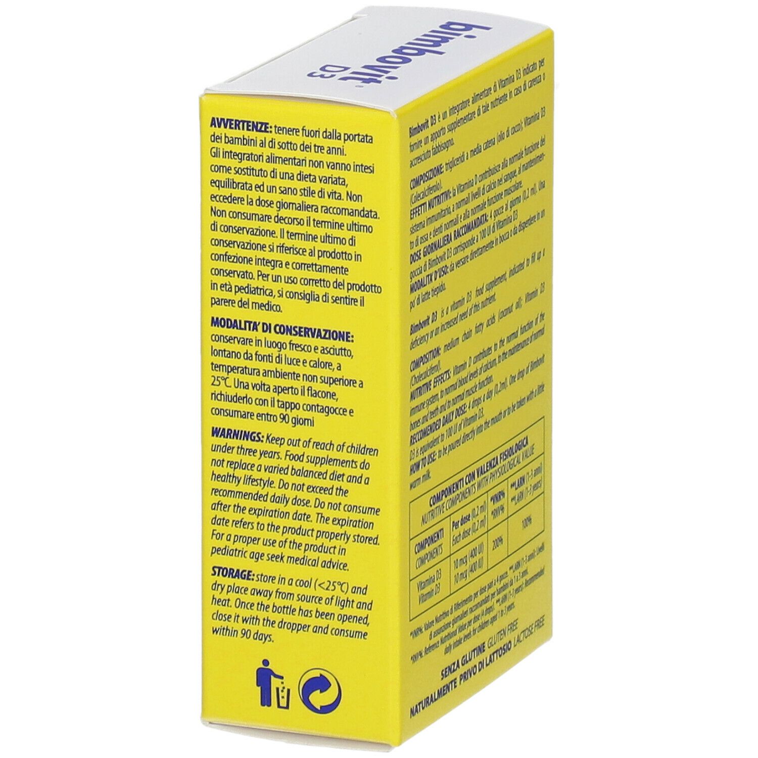 Gelbe Schachtel "bimbovit D3" mit Bären-Design. Aufdrucke: "Integratore alimentare a base di vitamina D3", "Gocce (drops) 15 ml".