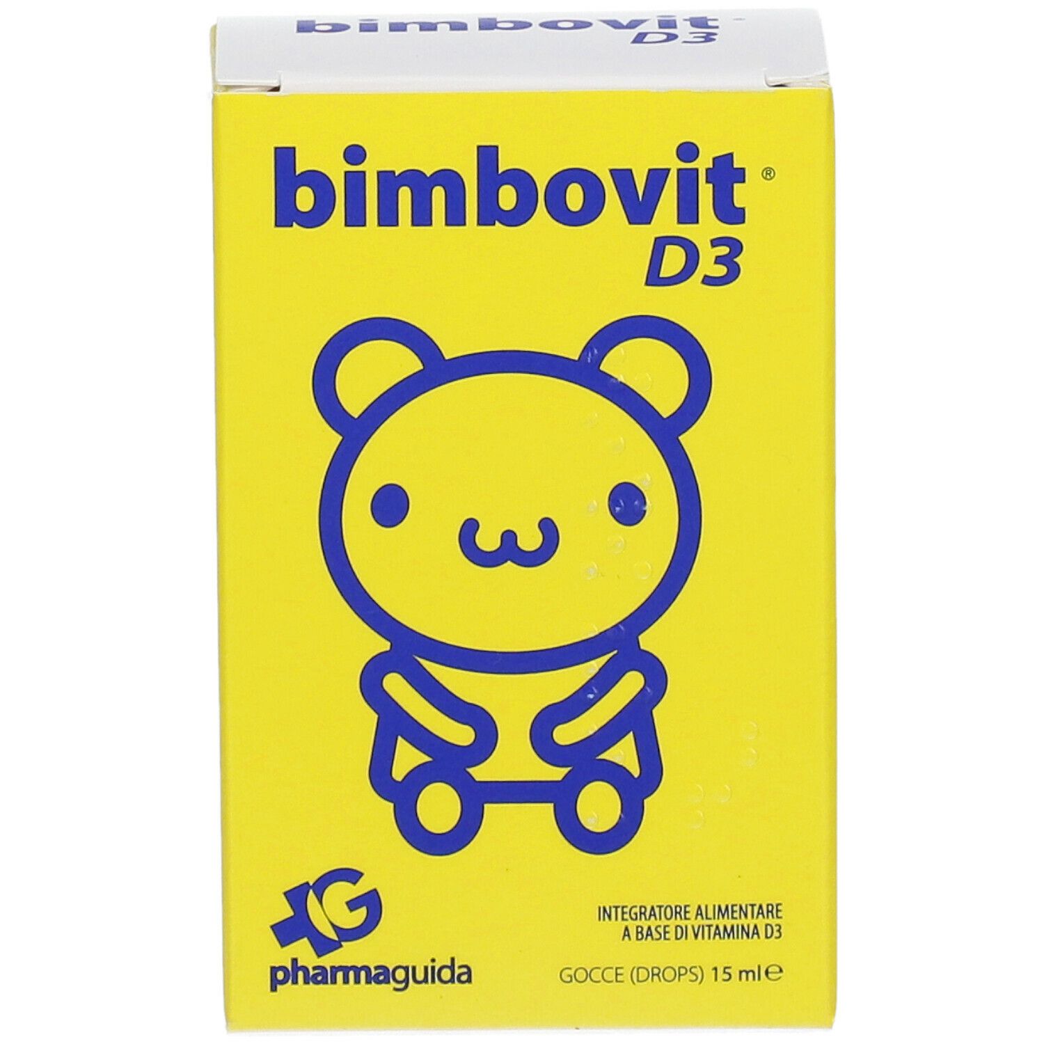 Gelbe Schachtel "bimbovit D3" mit Bären-Design. Aufdrucke: "Integratore alimentare a base di vitamina D3", "Gocce (drops) 15 ml".