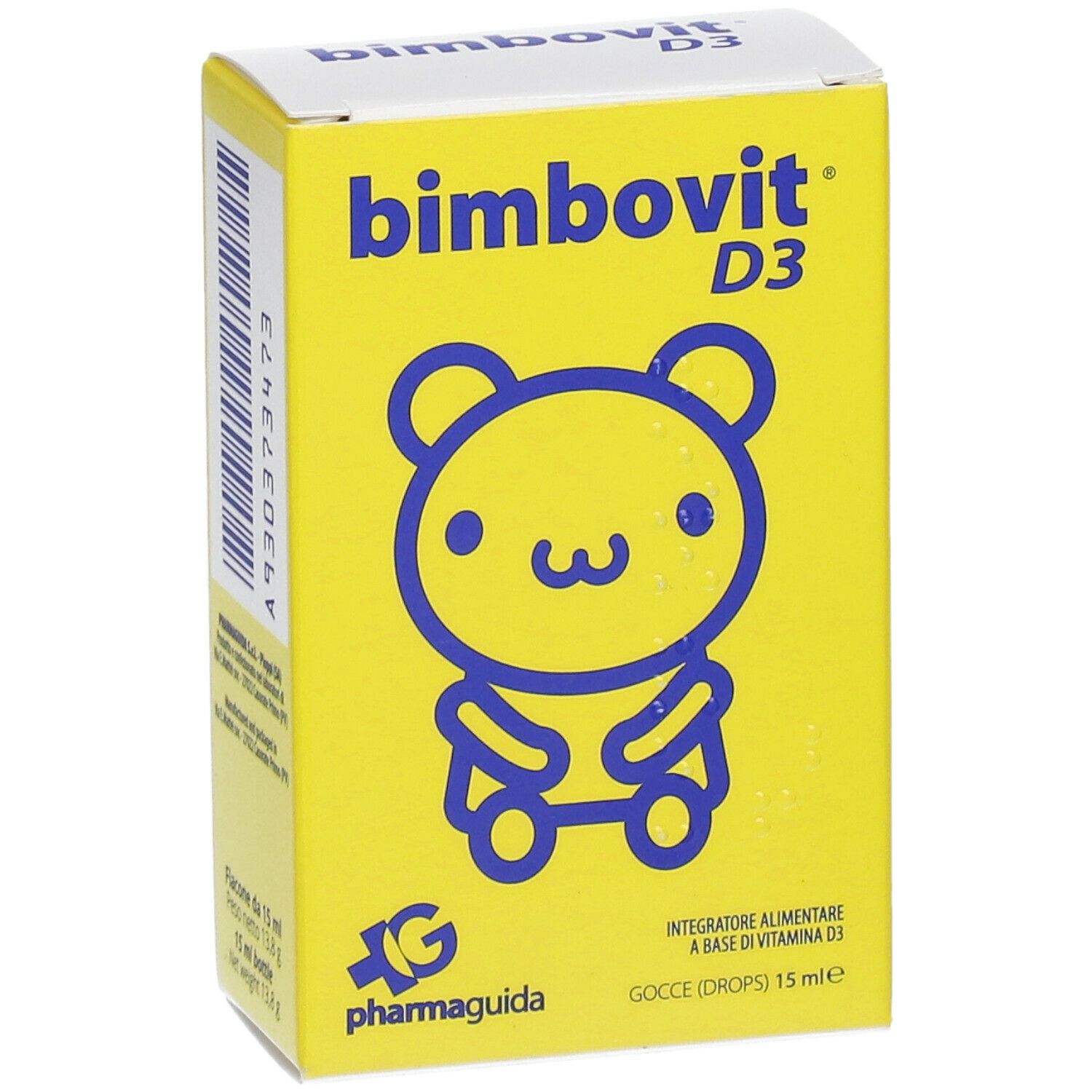 Gelbe Schachtel "bimbovit D3" mit Bären-Design. Aufdrucke: "Integratore alimentare a base di vitamina D3", "Gocce (drops) 15 ml".